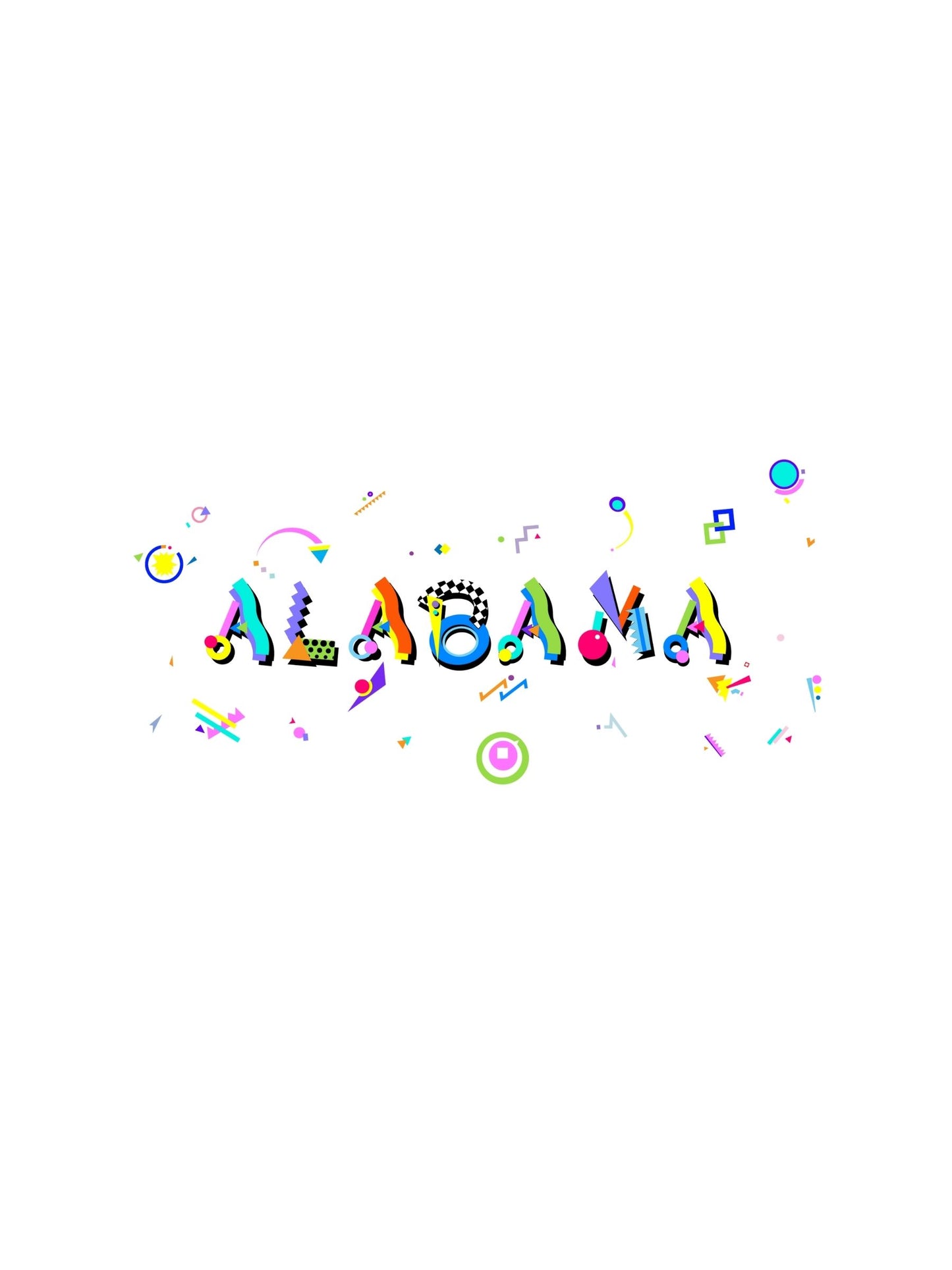 A colorful graphic souvenir t-shirt with 'ALABAMA' written in a stylized Memphis style fonts