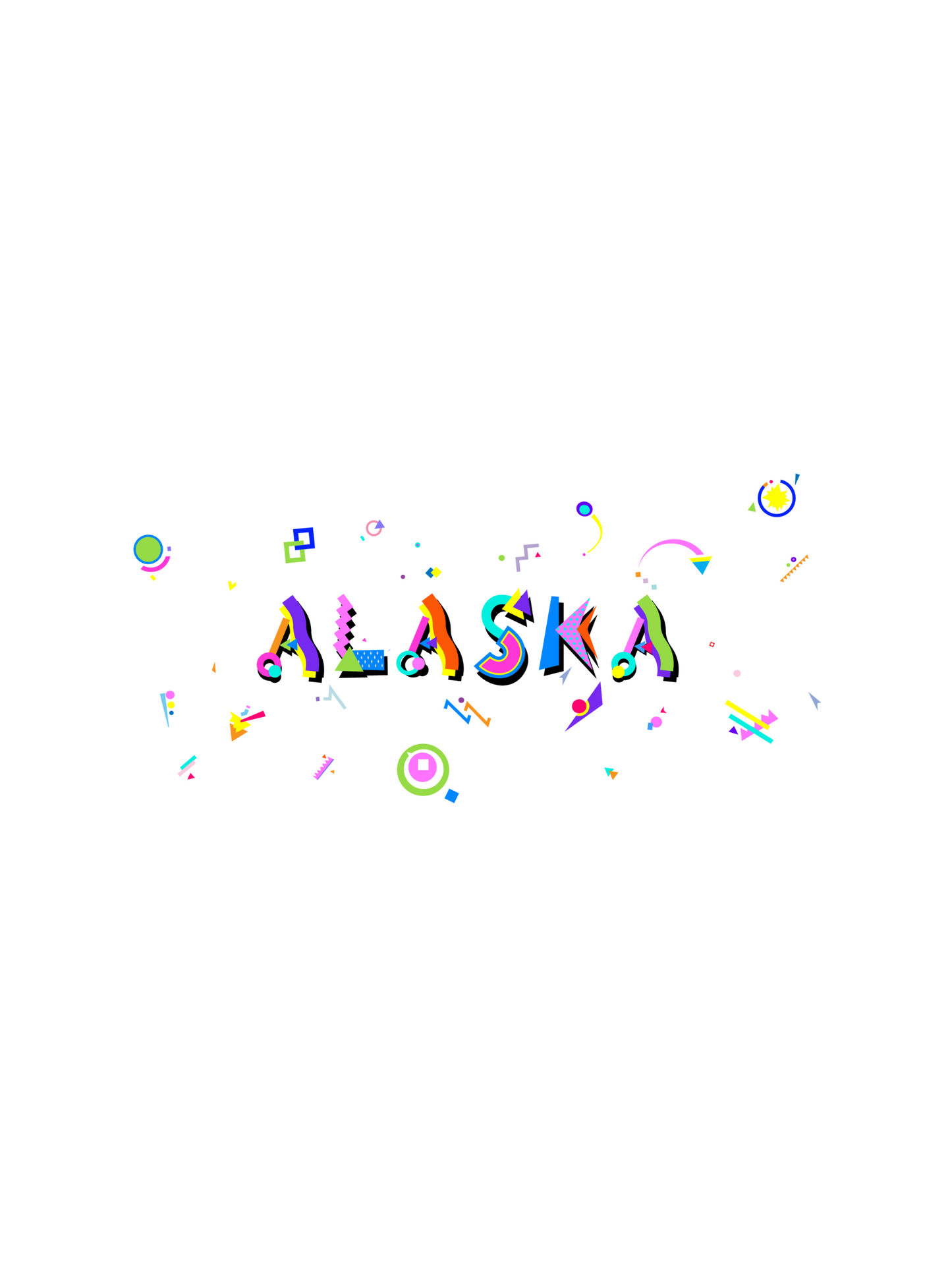 A colorful graphic souvenir t-shirt with 'ALASKA' written in bold Memphis style fonts