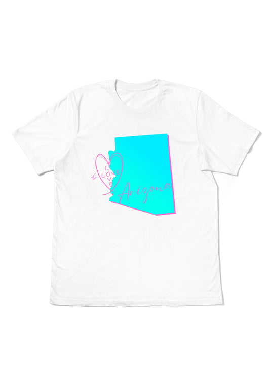 flat white t-shirt with the graphics I Love Arizona t-shirt that features the map of arizonia in acqua blue and pink highlights
