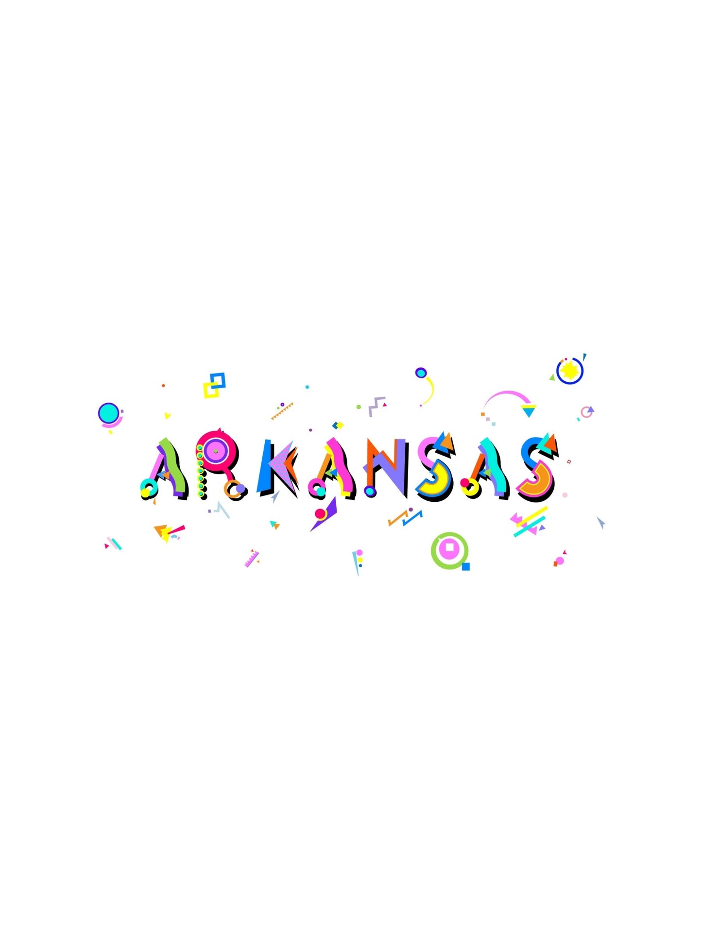 A colorful Arkansas POPtype Souvenir T-Shirt with bold Memphis style fonts