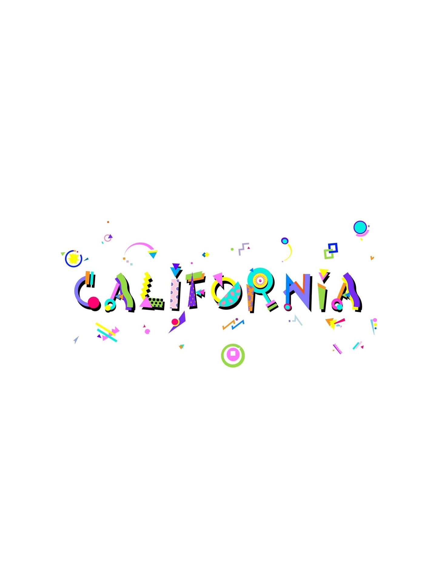 A colorful graphic souvenir t-shirt with the word 'CALIFORNIA' written in a stylized Memphis font