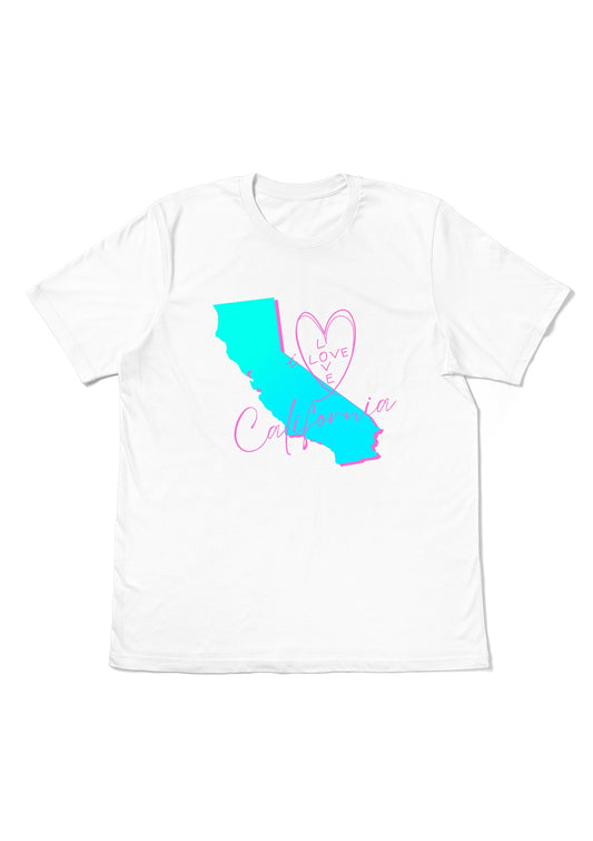 White flat t-shirt with a blue outline of California and pink text