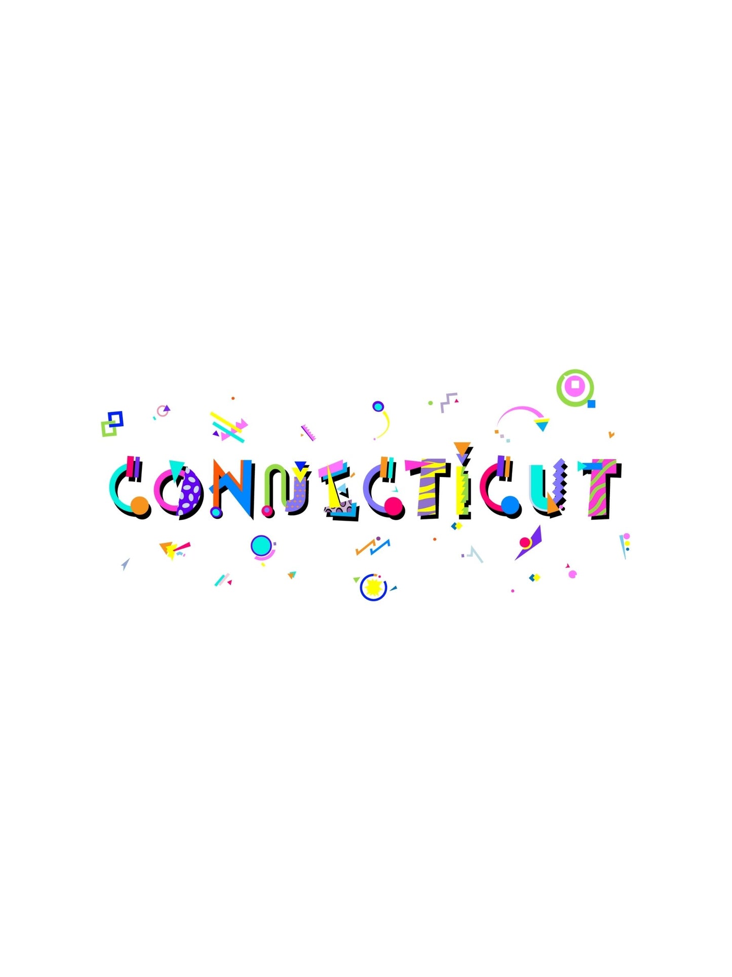 A colorful graphic souvenir t-shirt with the word 'CONNECTICUT' written in a stylized Memphis fonts