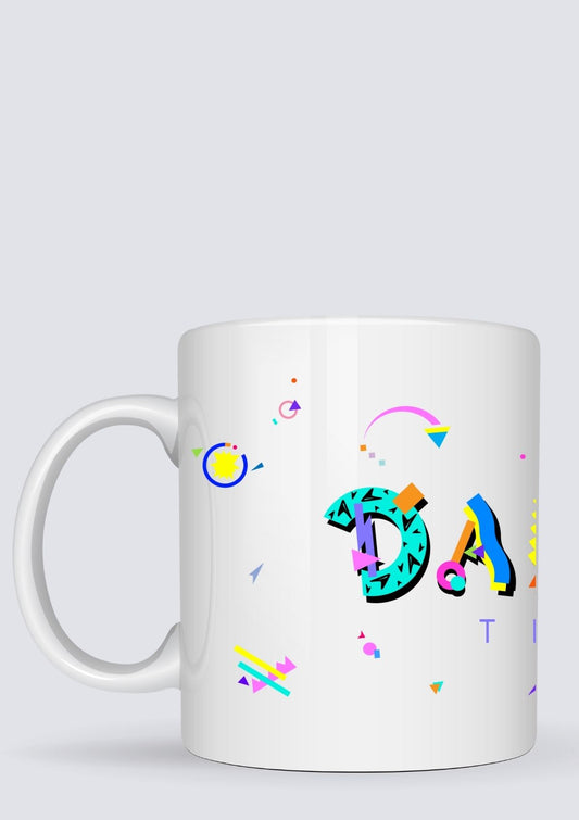 white mug with Dallas Texas in POPtype font