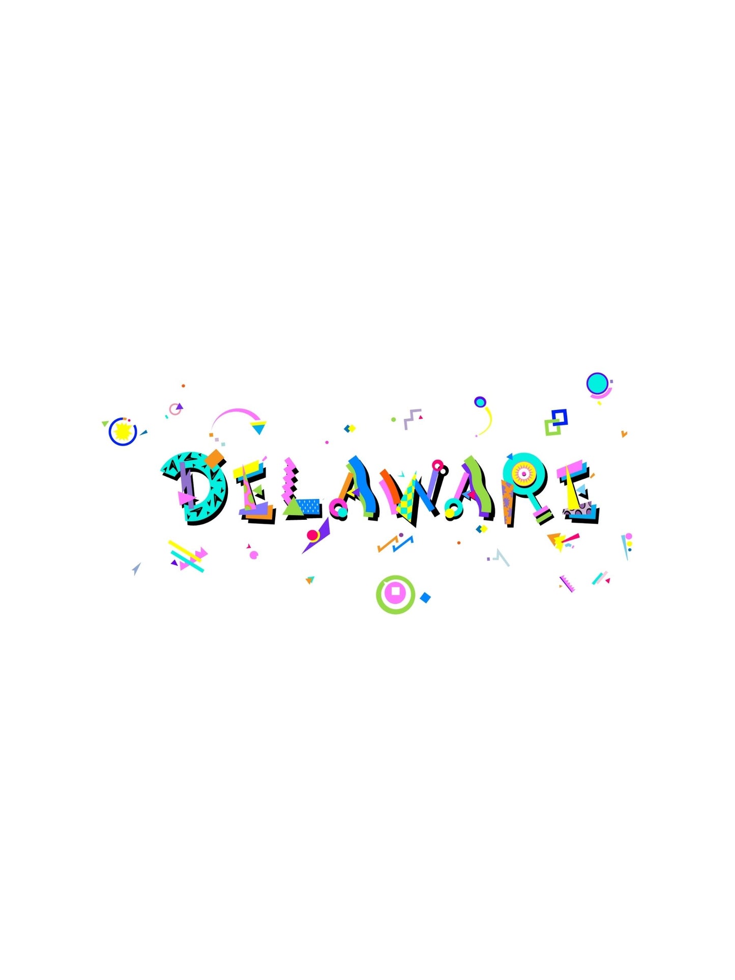A colorful graphic souvenir t-shirt with the word 'DELAWARE' written in a stylized Memphis fonts