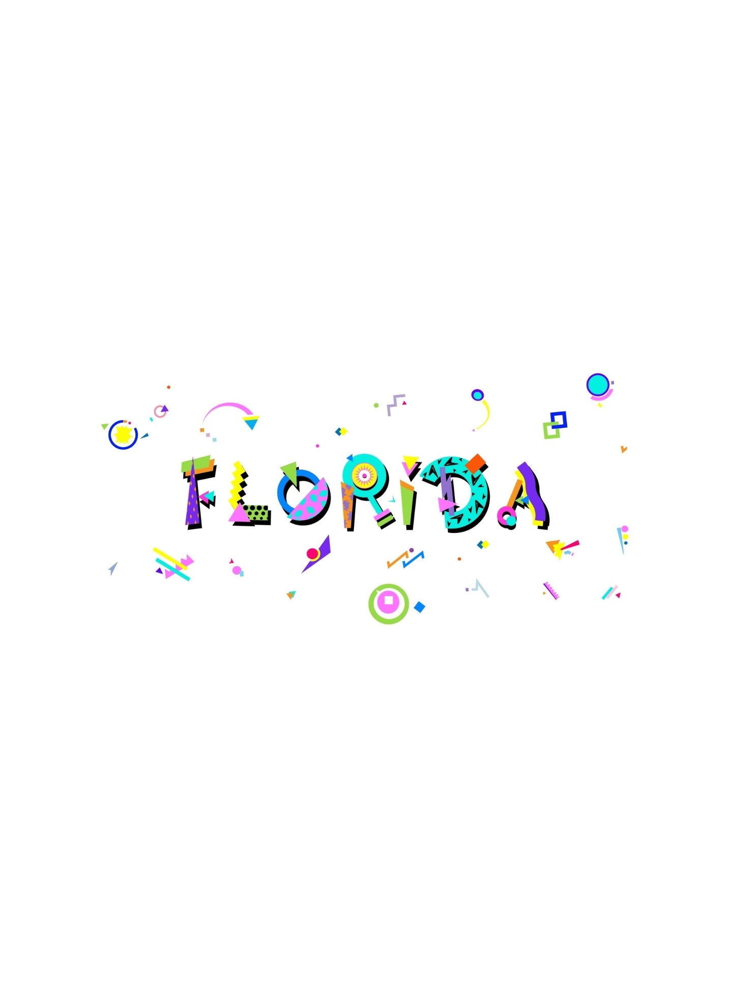 A colorful graphic souvenir t-shirt with the word 'FLORIDA' written in a stylized Memphis style fonts