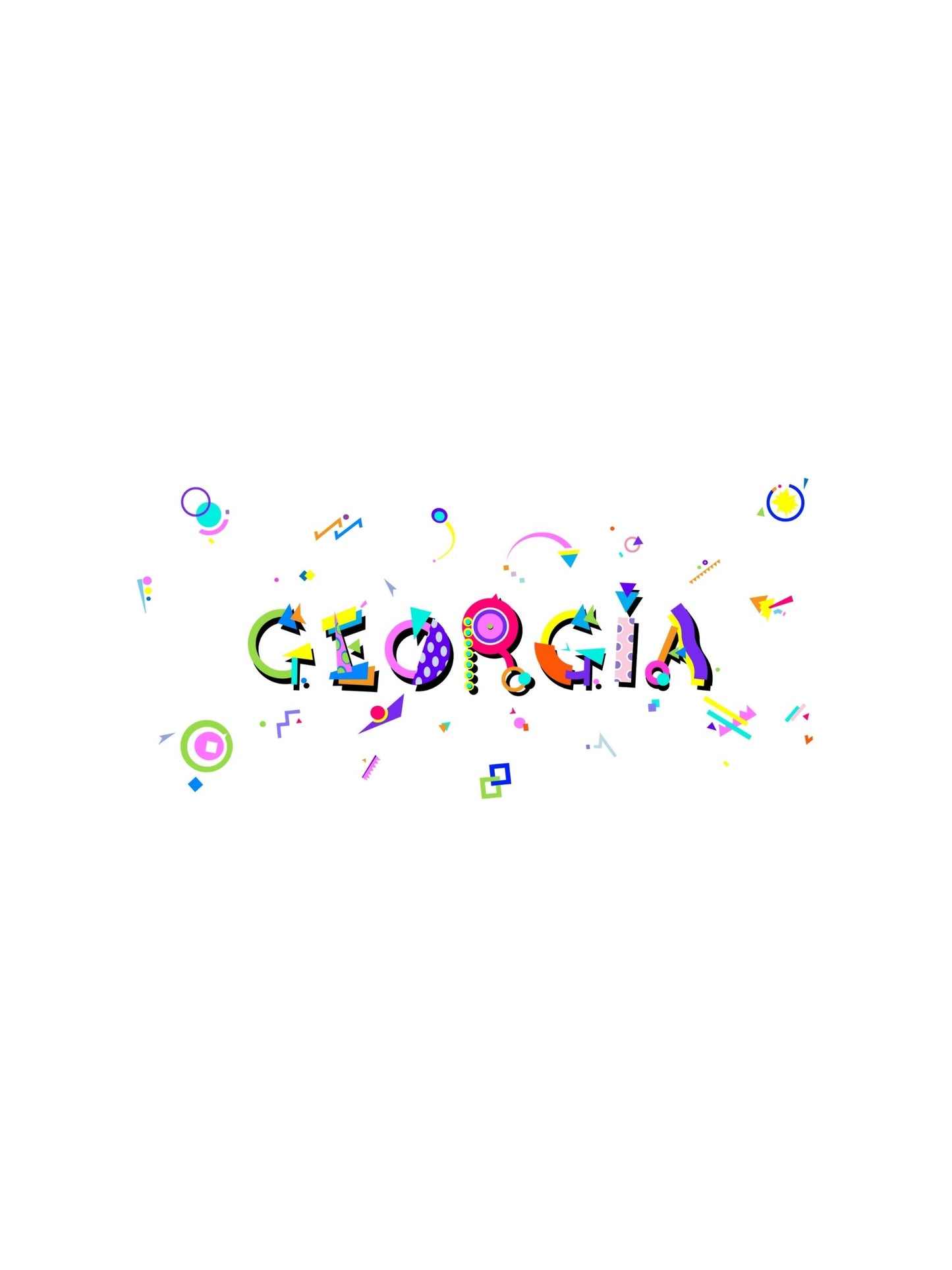 A colorful graphic souvenir t-shirt with the word 'GEORGIA' in bold Memphis style fonts