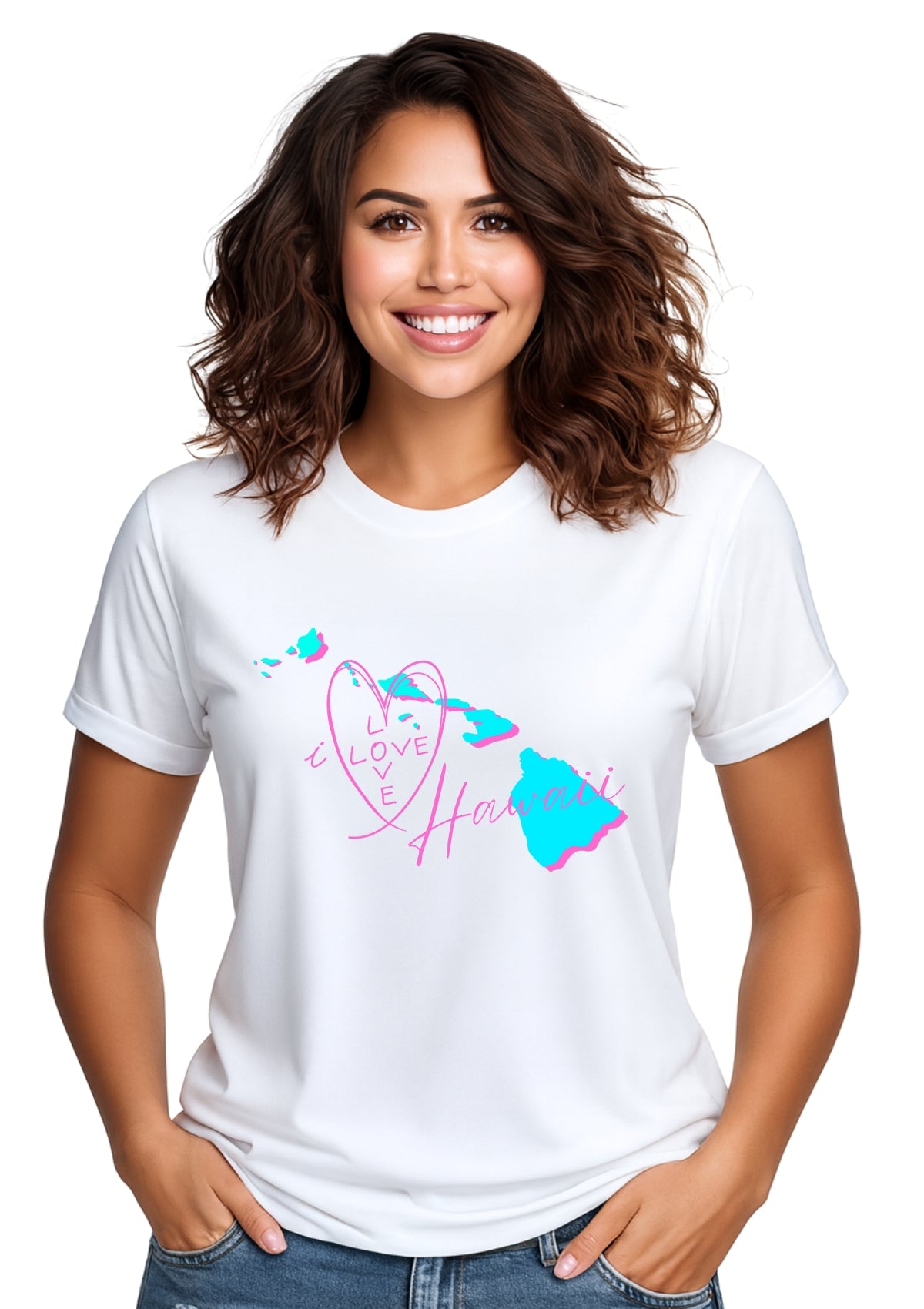 Woman wearing a white t-shirt with colorful graphics and text of the state of Hawaii with the graphic including a image of the islands with pink text