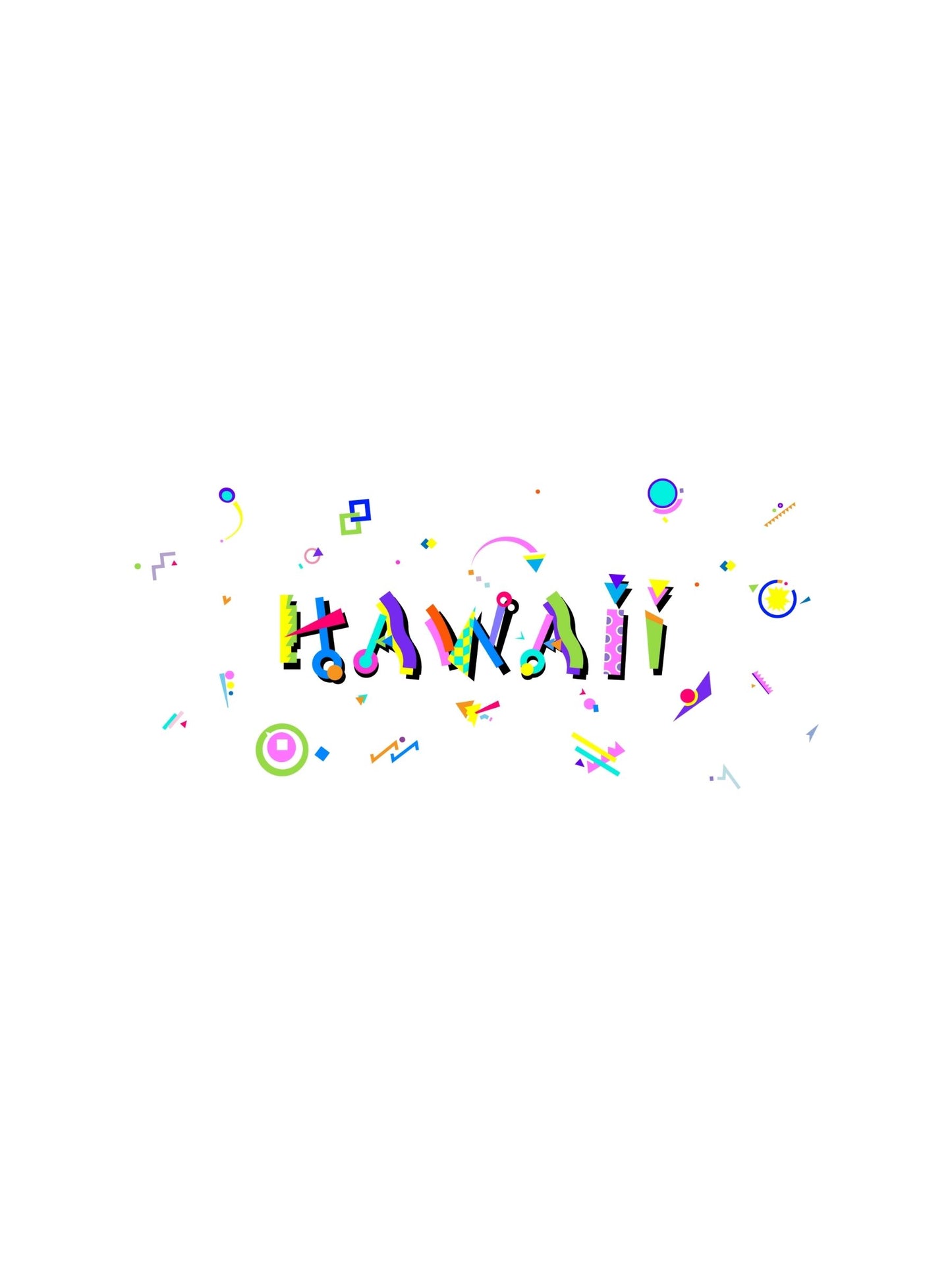 A vibrant, multi-colored graphic souvenir t-shirt with the word 'HAWAII' written in bold Memphis style font