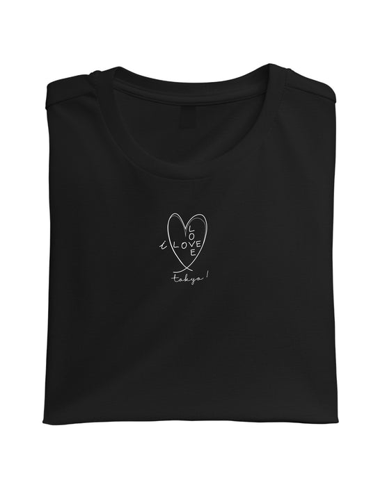 black folded t-shirt featuring the I love Tokyo heart design