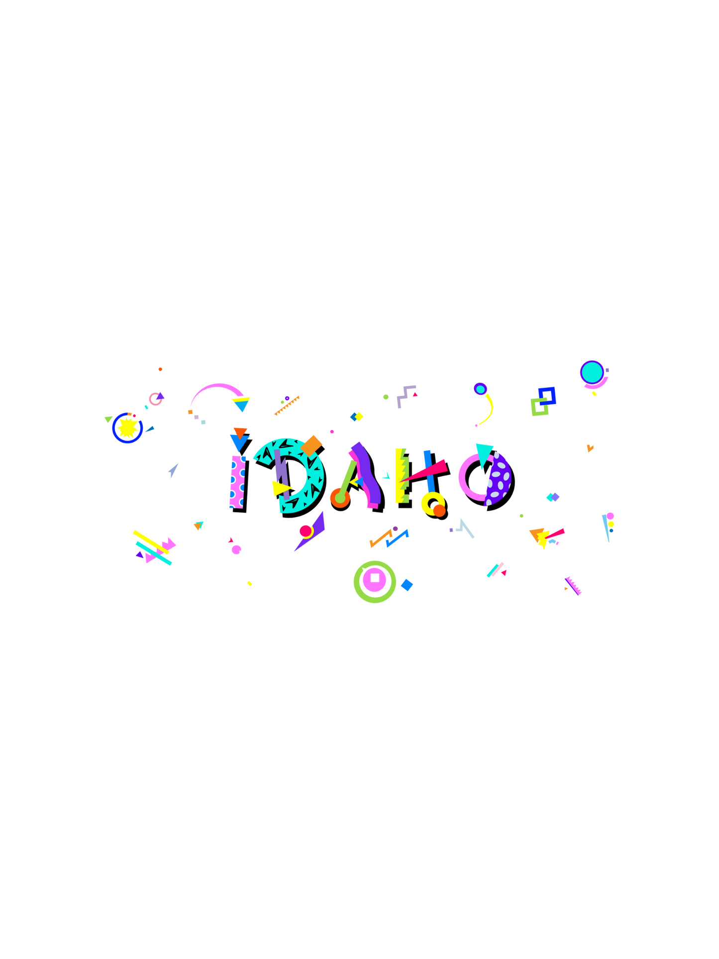A colorful graphic souvenir t-shirt with the word 'IDAHO' in bold memphis style letters, accompanied by various playful icons and shapes.