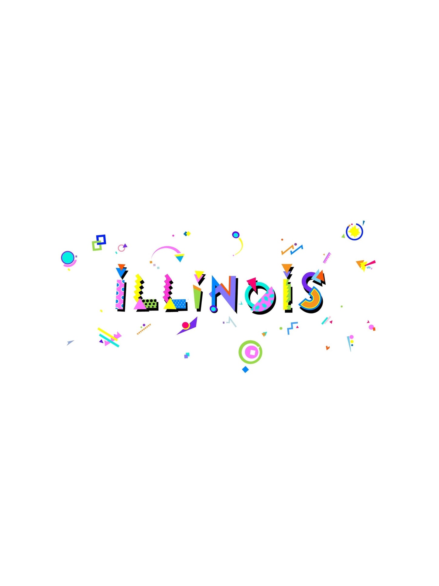 Colorful graphic souvenir t-shirt with the word 'ILLINOIS' printed in Mempis style fonts