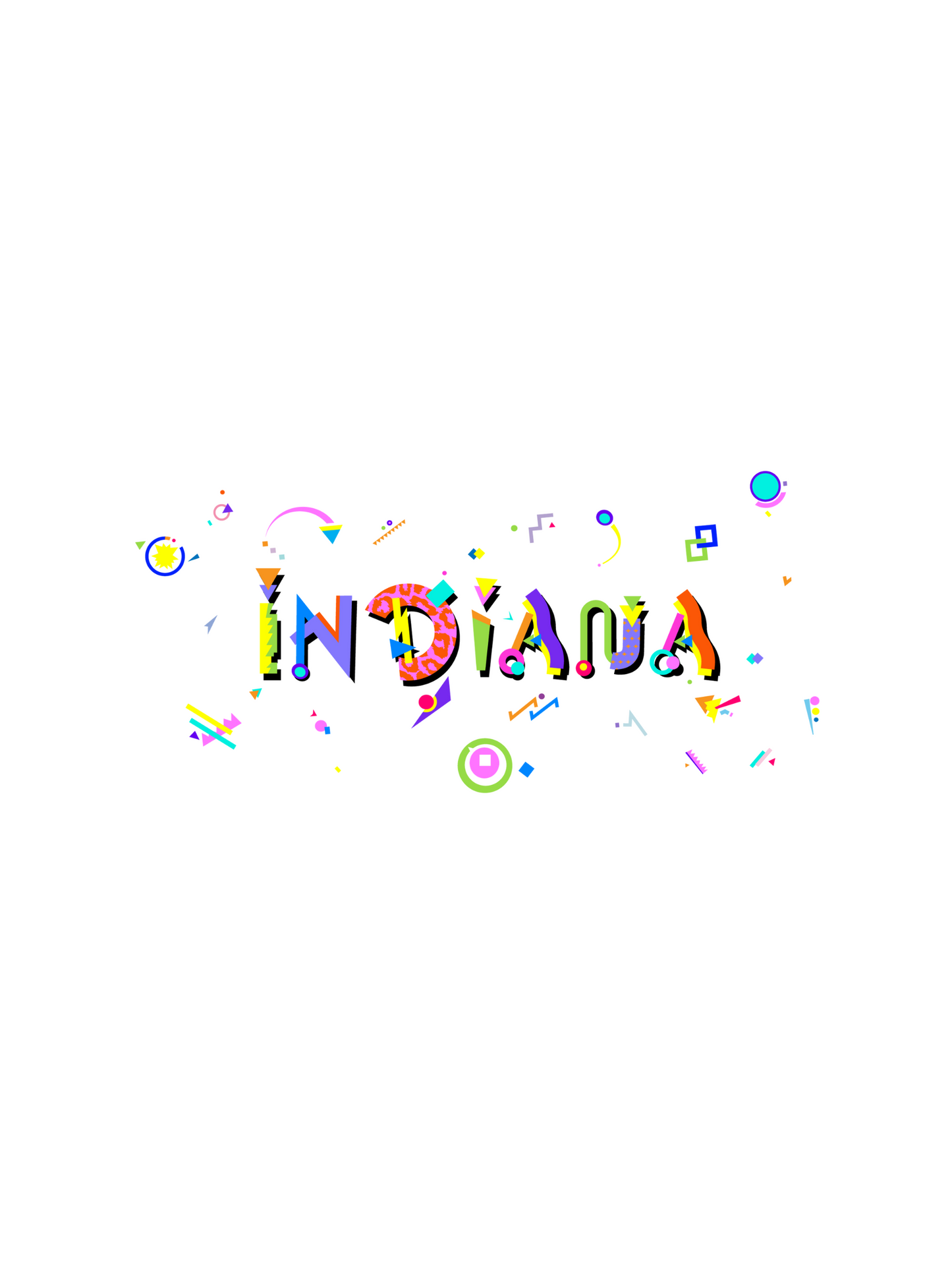 A colorful graphic t-shirt with the word 'INDIANA' written in bold memphis style fonts, accompanied by playful elements
