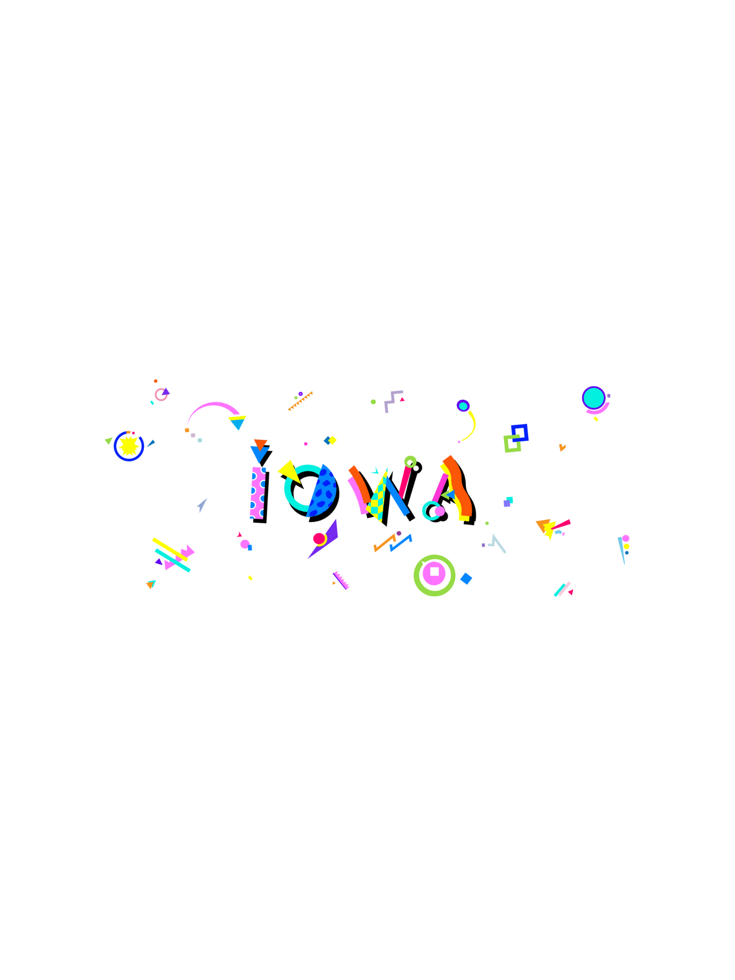 A colorful graphic t-shirt with the word 'IOWA' in bold memphis style fonts, designed with a playful and vibrant visual theme