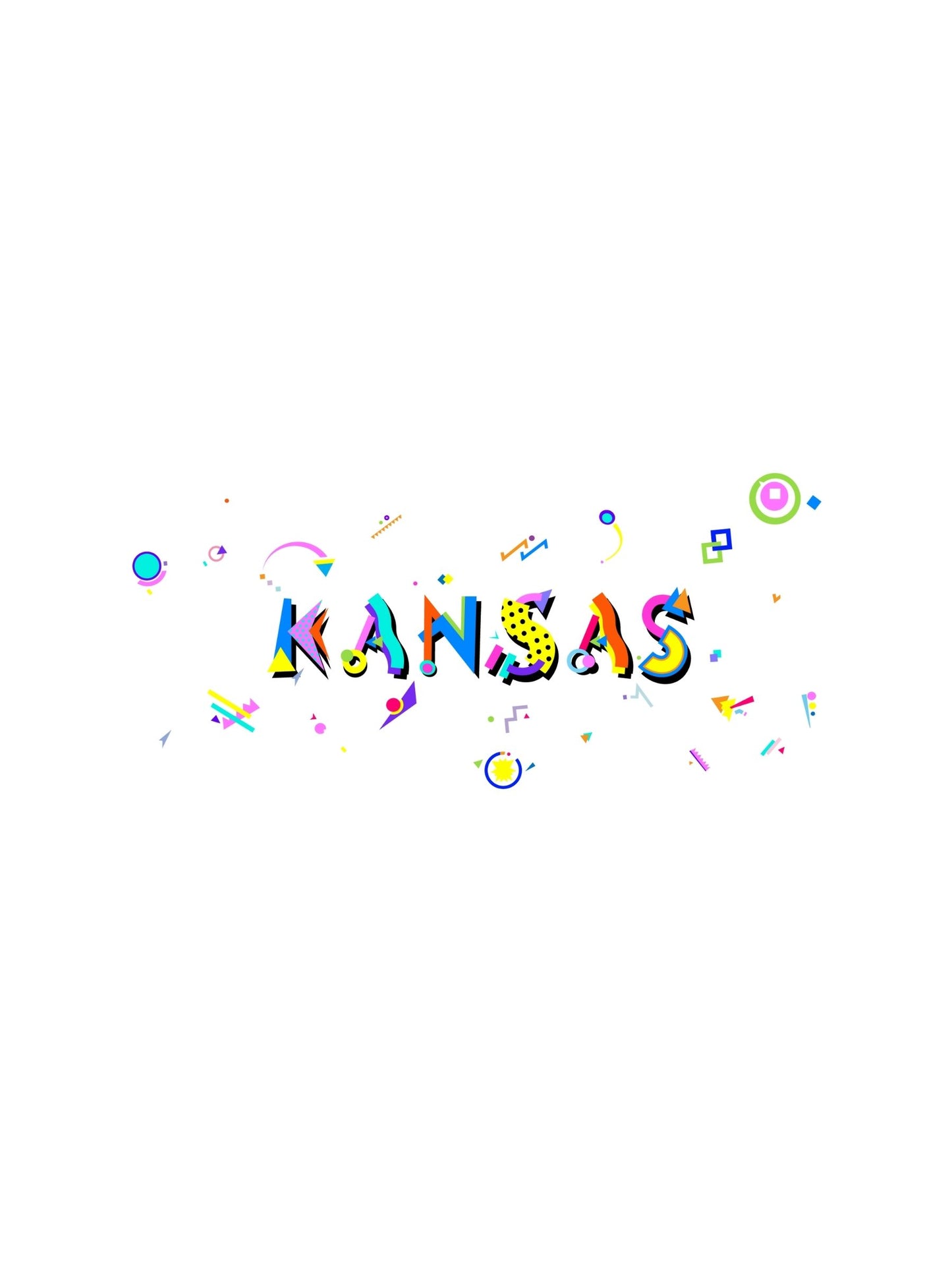 A colorful graphic souvenir t-shirt with the word 'KANSAS' in bold Memphis style fonts