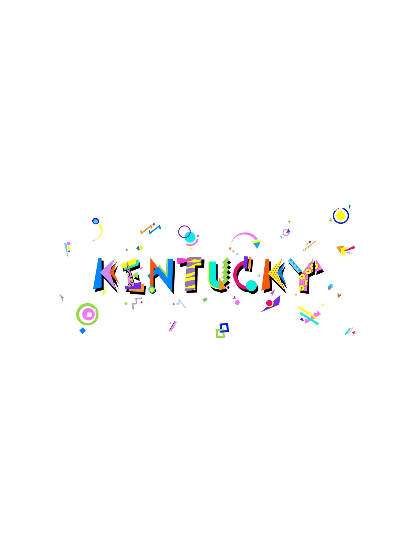 A graphic souvenir t-shirt with the word 'KENTUCKY' in bold, multi-colored Memphis style fonts