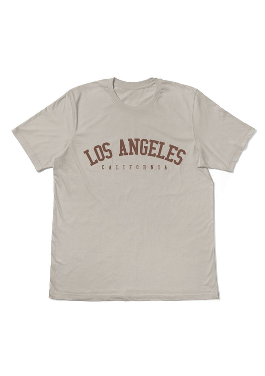 Tan t-shirt with 'Los Angeles California' text