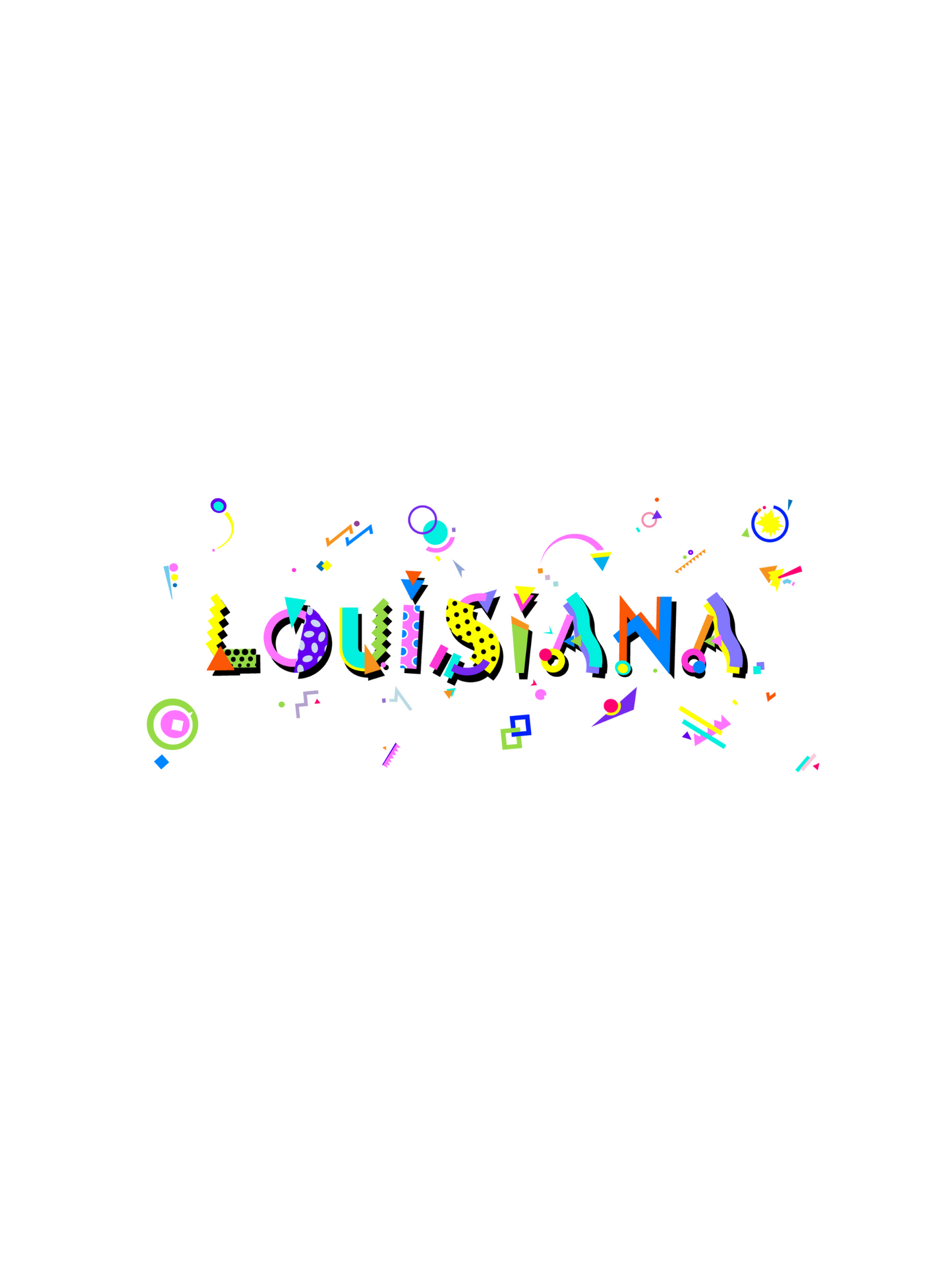 A colorful graphic t-shirt with the word 'LOUISIANA' written in bold memphis fonts , accompanied by small, playful graphics
