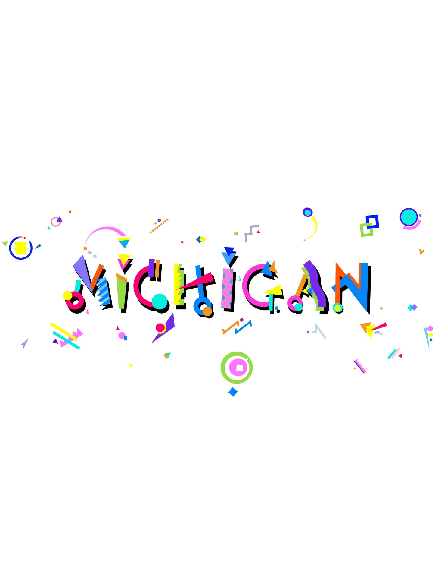 Colorful graphic t-shirt with 'MICHIGAN' written in bold memphis font, featuring various colorful shapes and designs.