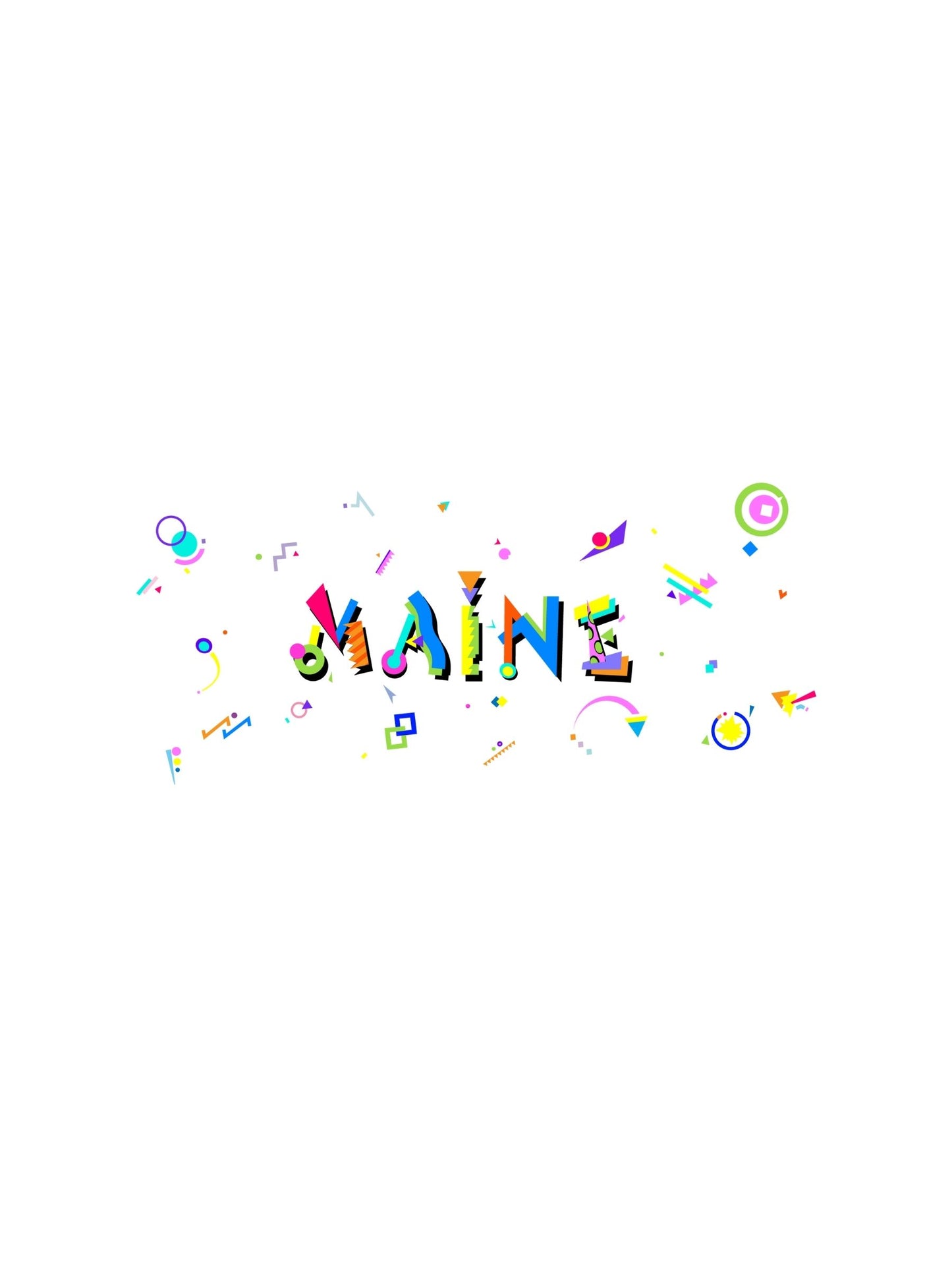 A colorful graphic souvenir t-shirt with the word 'MAINE' in bold Memphis style fonts