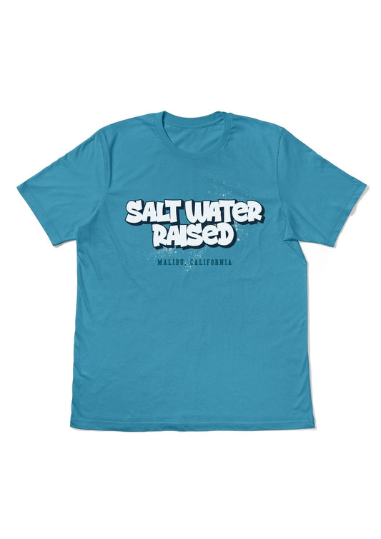 Malibu California Aqua Blue t-shirt with 'Salt Water Raised' text on a white background