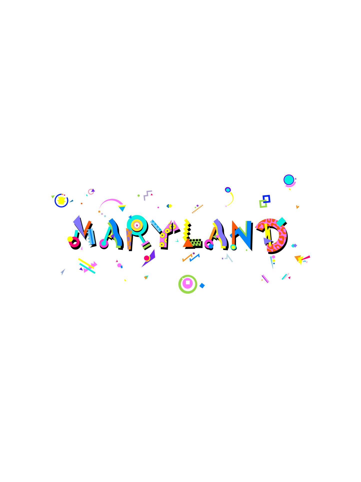 A colorful graphic t-shirt with the word 'MARYLAND' written in bold Memphis style fonts, accompanied by fun playful graphics