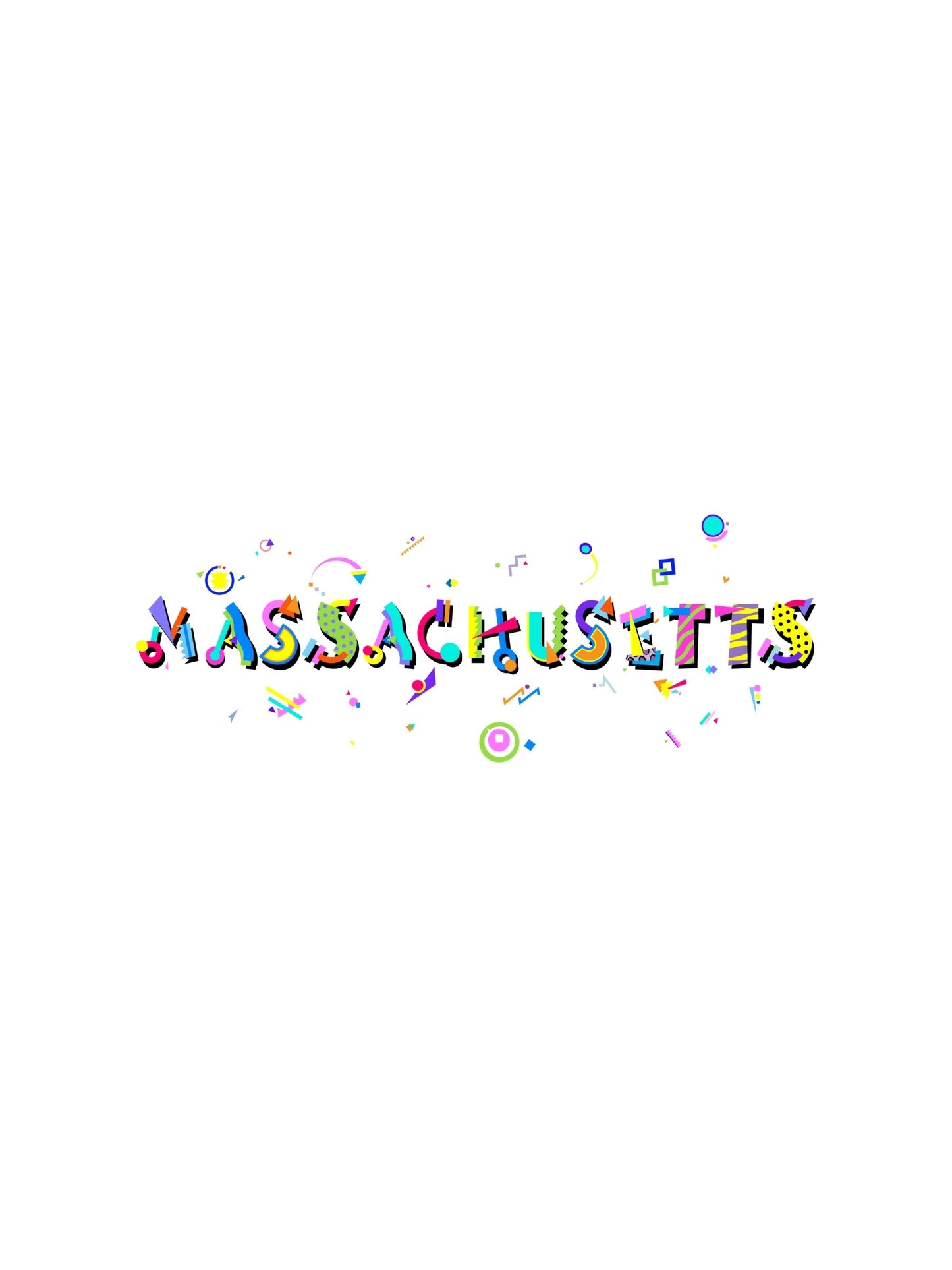 A graphic souvenir t-shirt with the word 'MASSACHUSETTS' written in a colorful, playful Memphis font