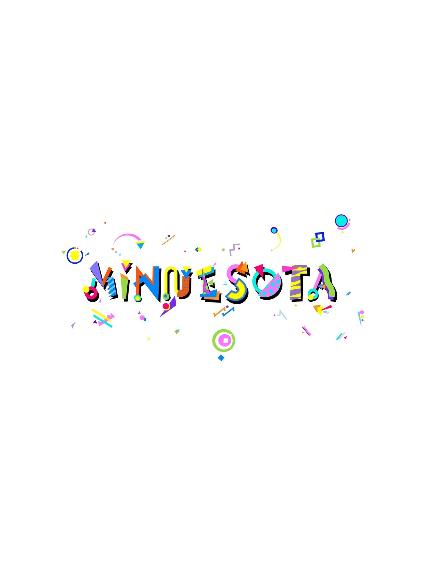 A colorful graphic souvenir t-shirt with the word 'MINNESOTA' in bold Memphis style font, featuring various playful designs and decorations.