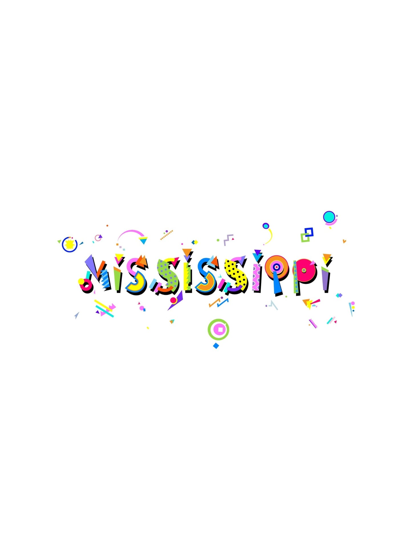 A colorful graphic souvenir t-shirt with the word 'MISSISSIPPI' written across the front in stylized Memphis style font, accompanied by various small, playful illustrations and shapes.
