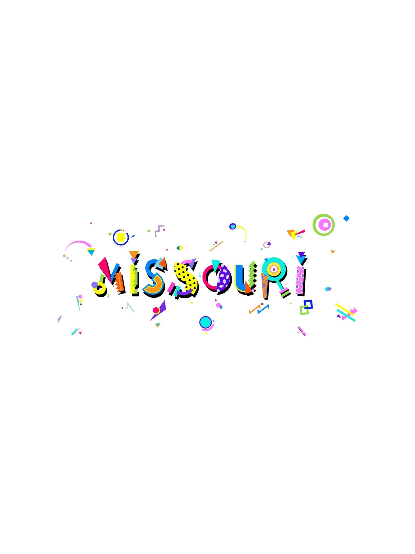 A colorful graphic t-shirt with the word 'MISSOURI' written in bold Memphis style font, accompanied by playful graphics