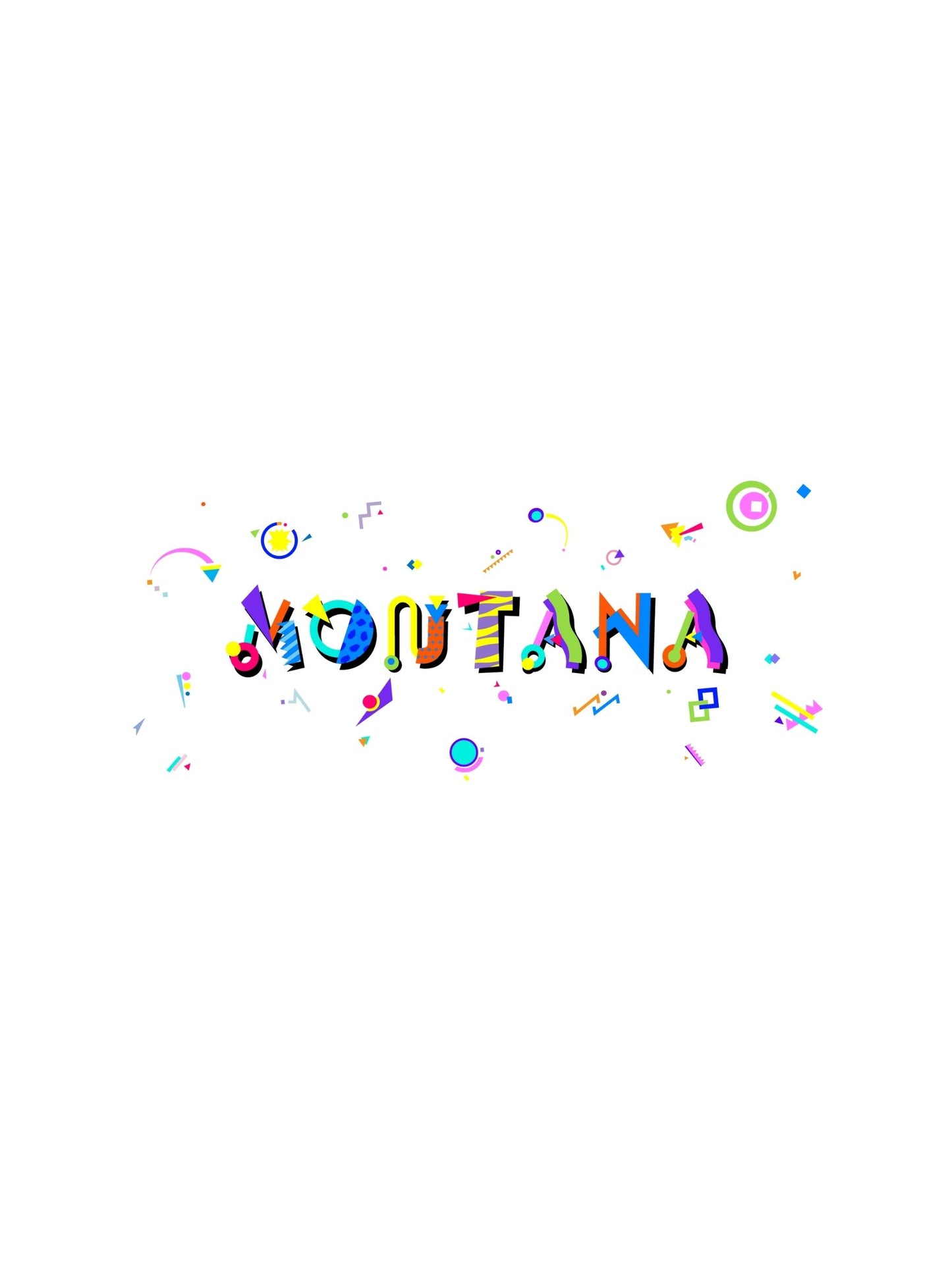 A colorful graphic souvenir t-shirt with the word 'MONTANA' written in bold Memphis style font, accompanied by playful splashes of color and shapes.