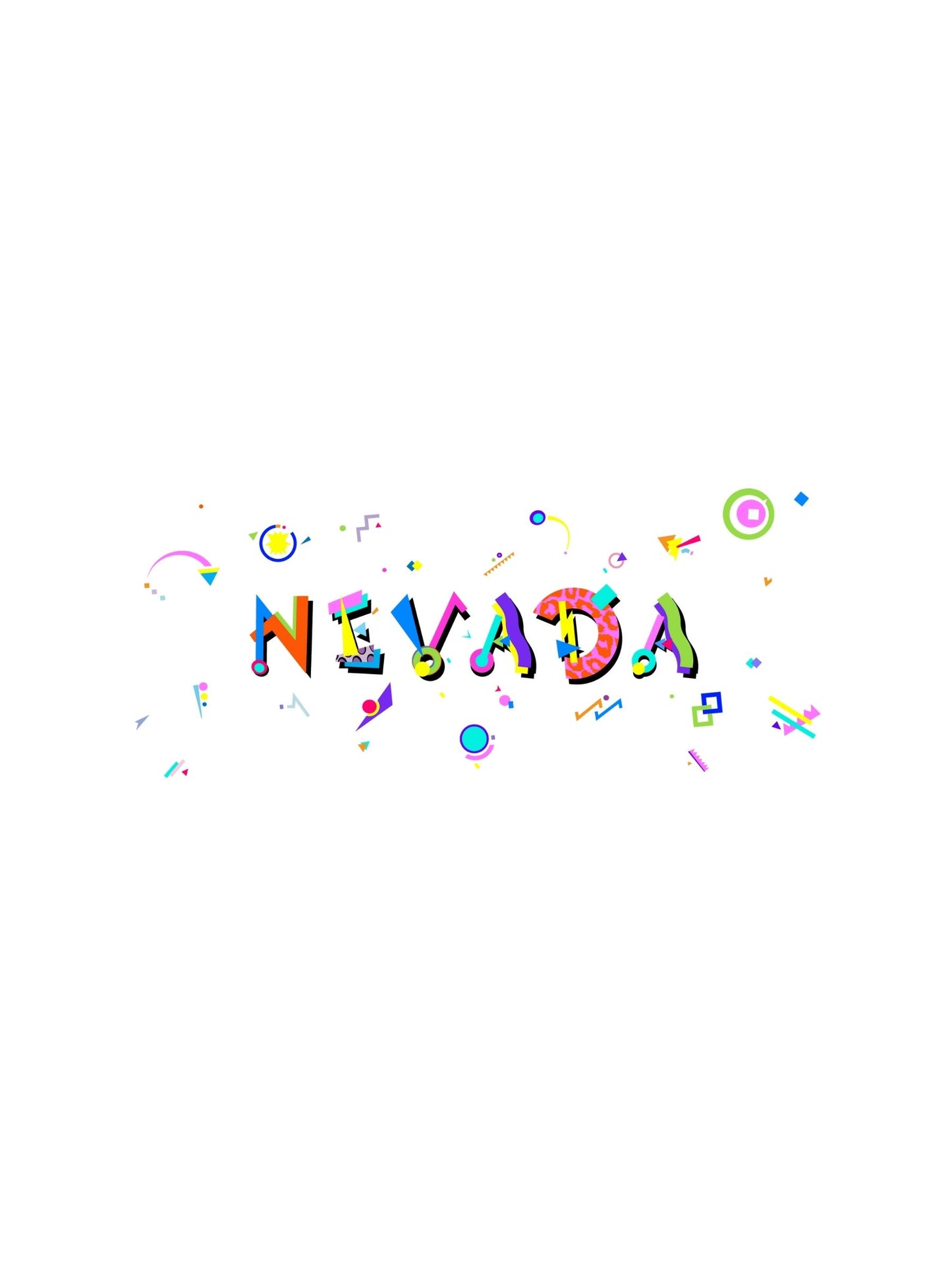 A colorful graphic souvenir t-shirt with the word 'NEVADA' written in bold Memphis style font, accompanied by playful, multi-colored shapes and dots.