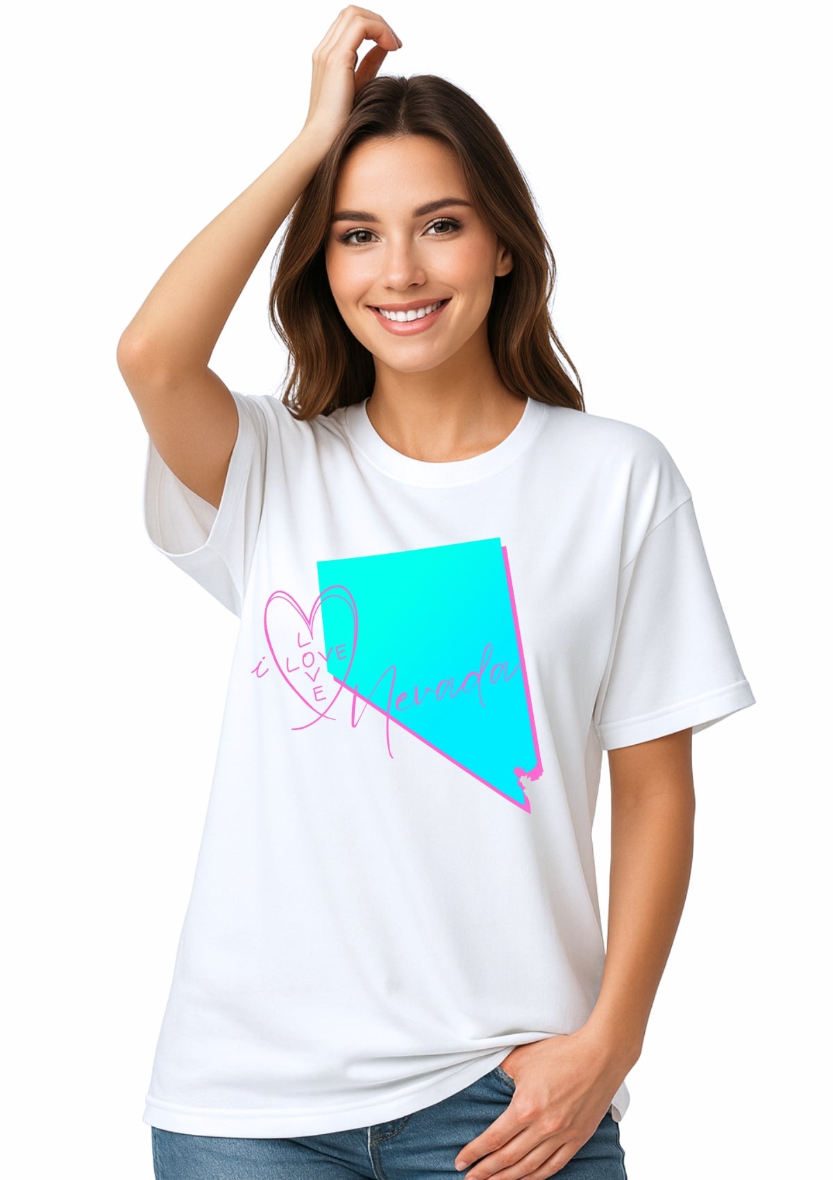 women wearing a I Love Nevada graphic t-shirt of the state in aqua with pink text