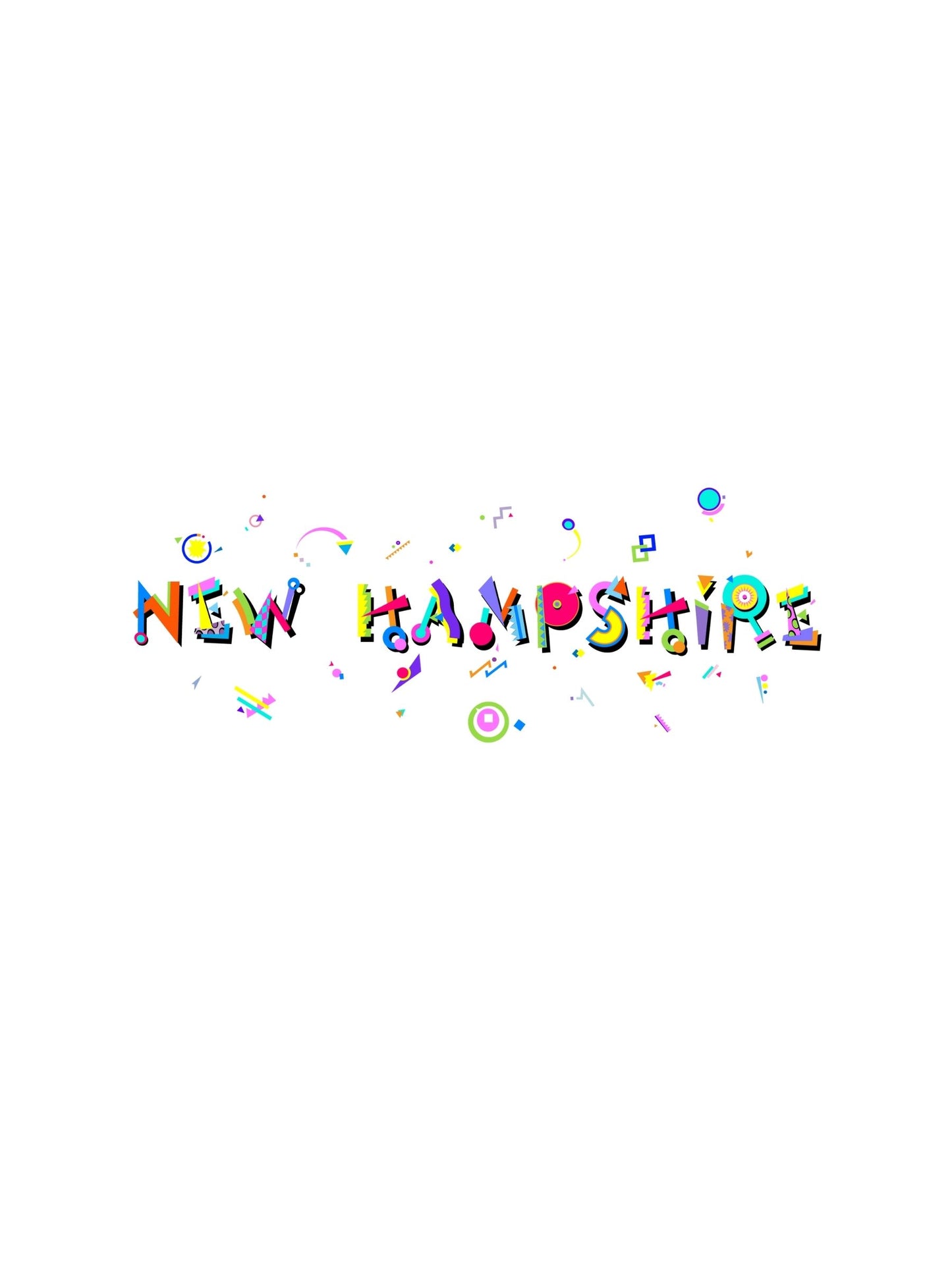 A graphic souvenir t-shirt with 'NEW HAMPSHIRE' written in a colorful, playful Memphis font, reminiscent of a retro style.