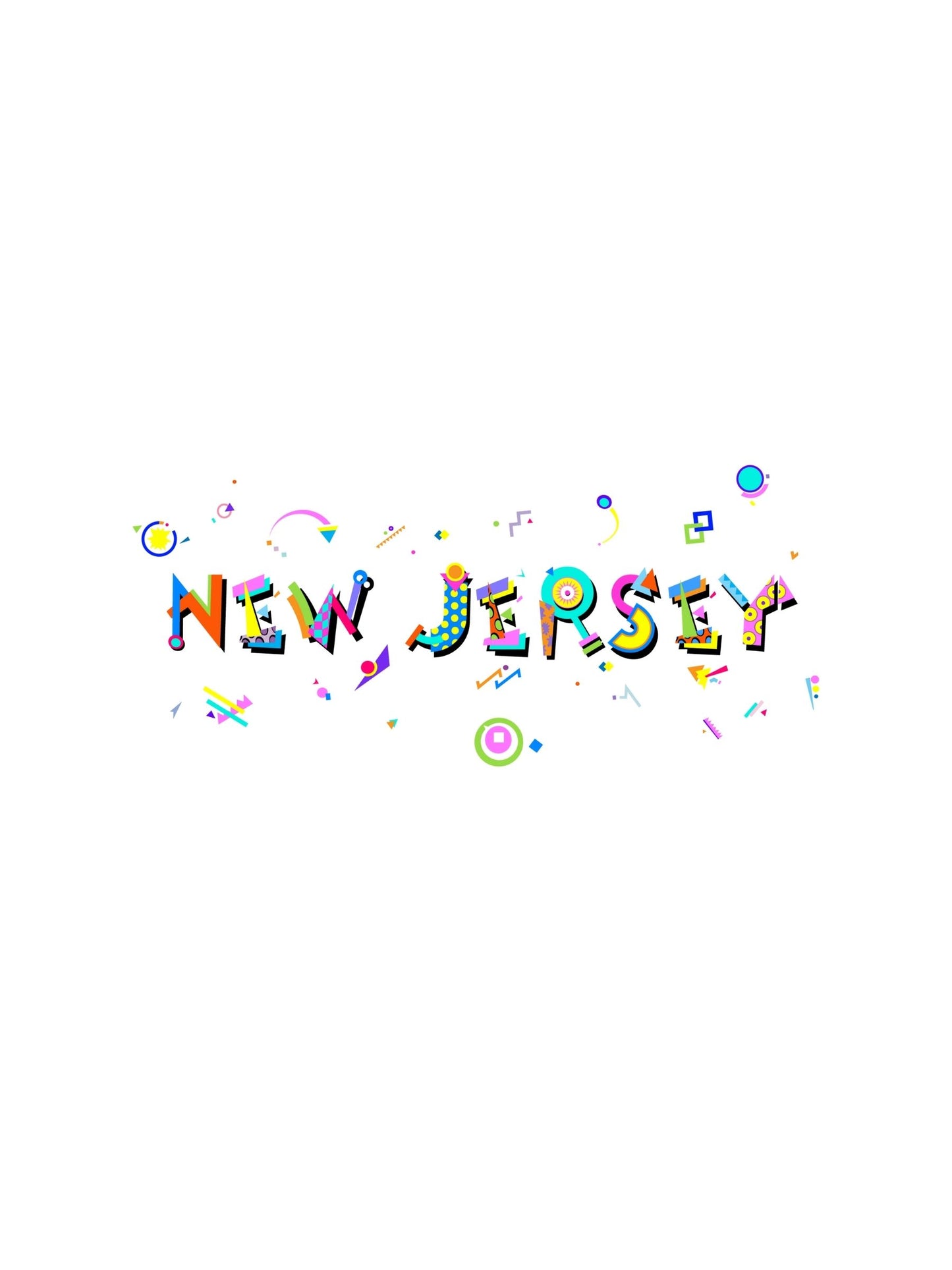 A colorful graphic t-shirt with the text 'NEW JERSEY' prominently displayed, in a Memphis style font featuring various playful shapes