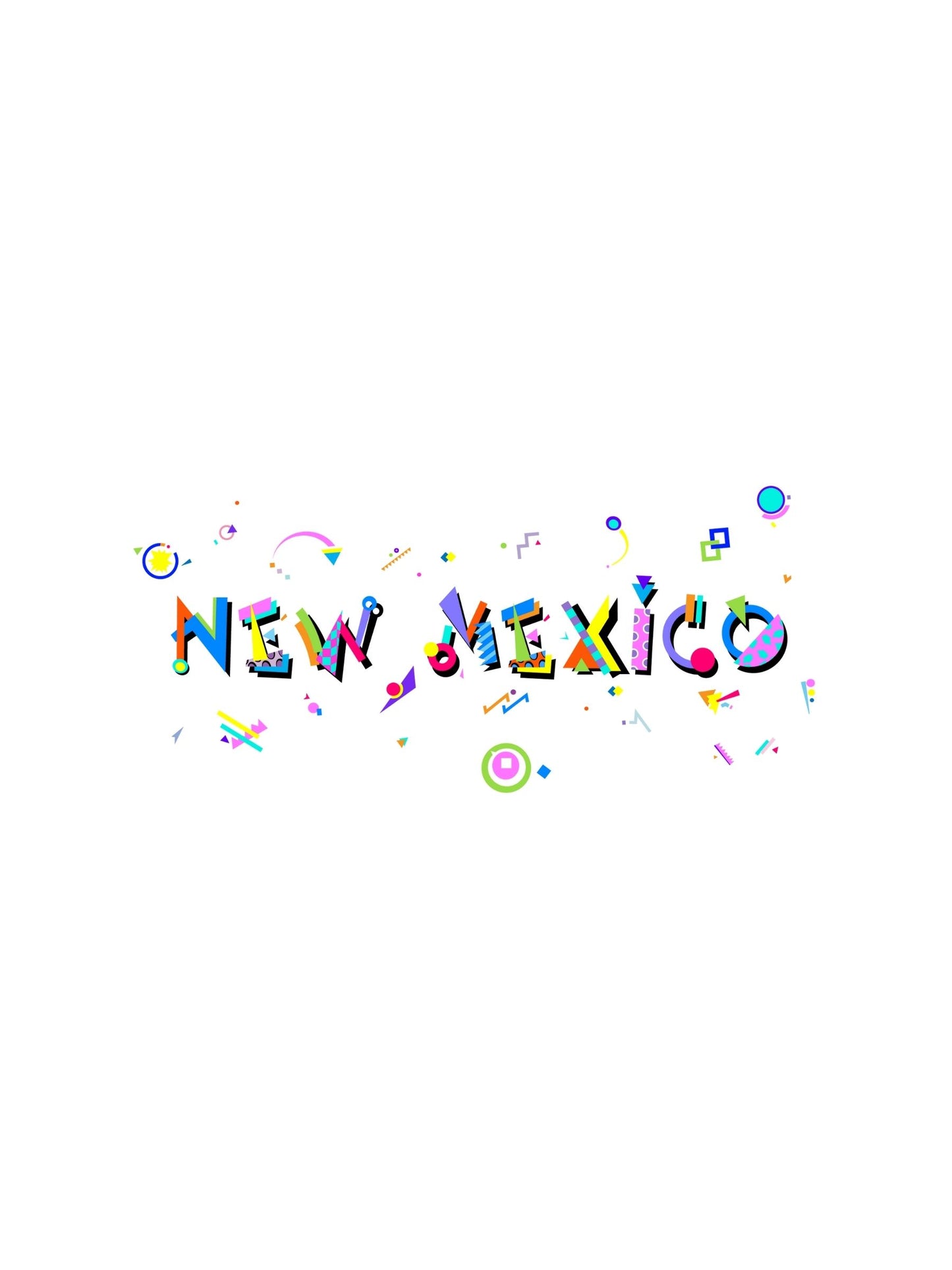 A colorful graphic souvenir t-shirt with 'NEW MEXICO' in a Memphis style font, featuring various colorful shapes