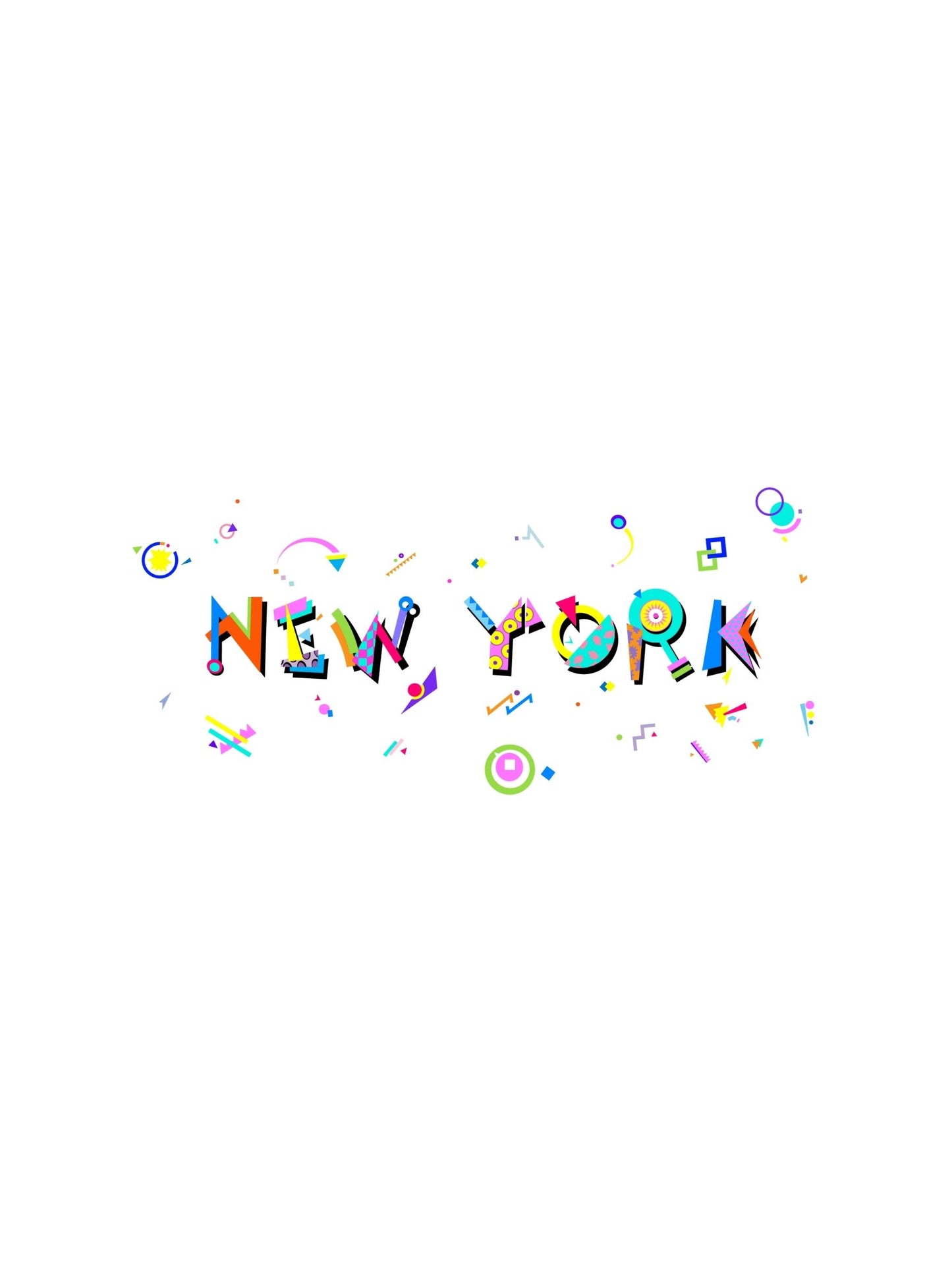 A graphic souvenir t-shirt with the text 'NEW YORK' in bold, multi-colored Memphis style font, surrounded by small, colorful shapes representing a vibrant and artistic design.