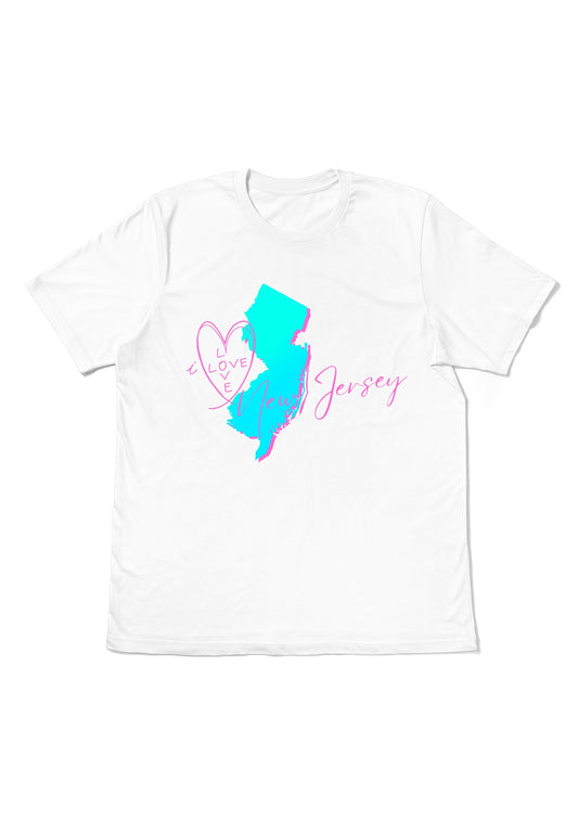 flat white I love New Jersey T-Shirt with a graphic map of the state in aqua blue with pink text