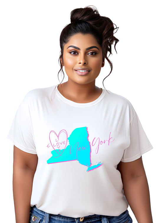women wearing a white t-shirt with graphic of the state in aqua blue wiht I love New York in pink text