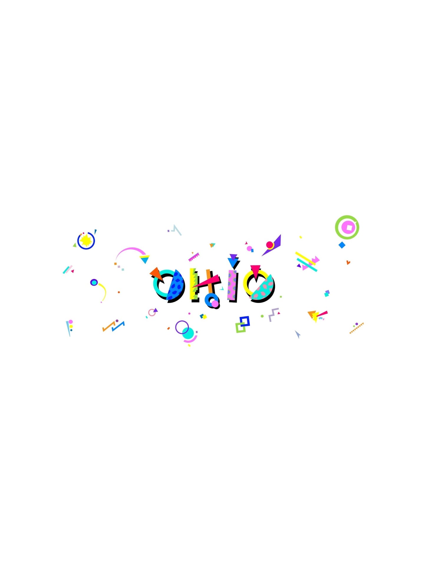 A colorful graphic souvenir t-shirt with the word 'OHIO' prominently displayed in the Memphis style font