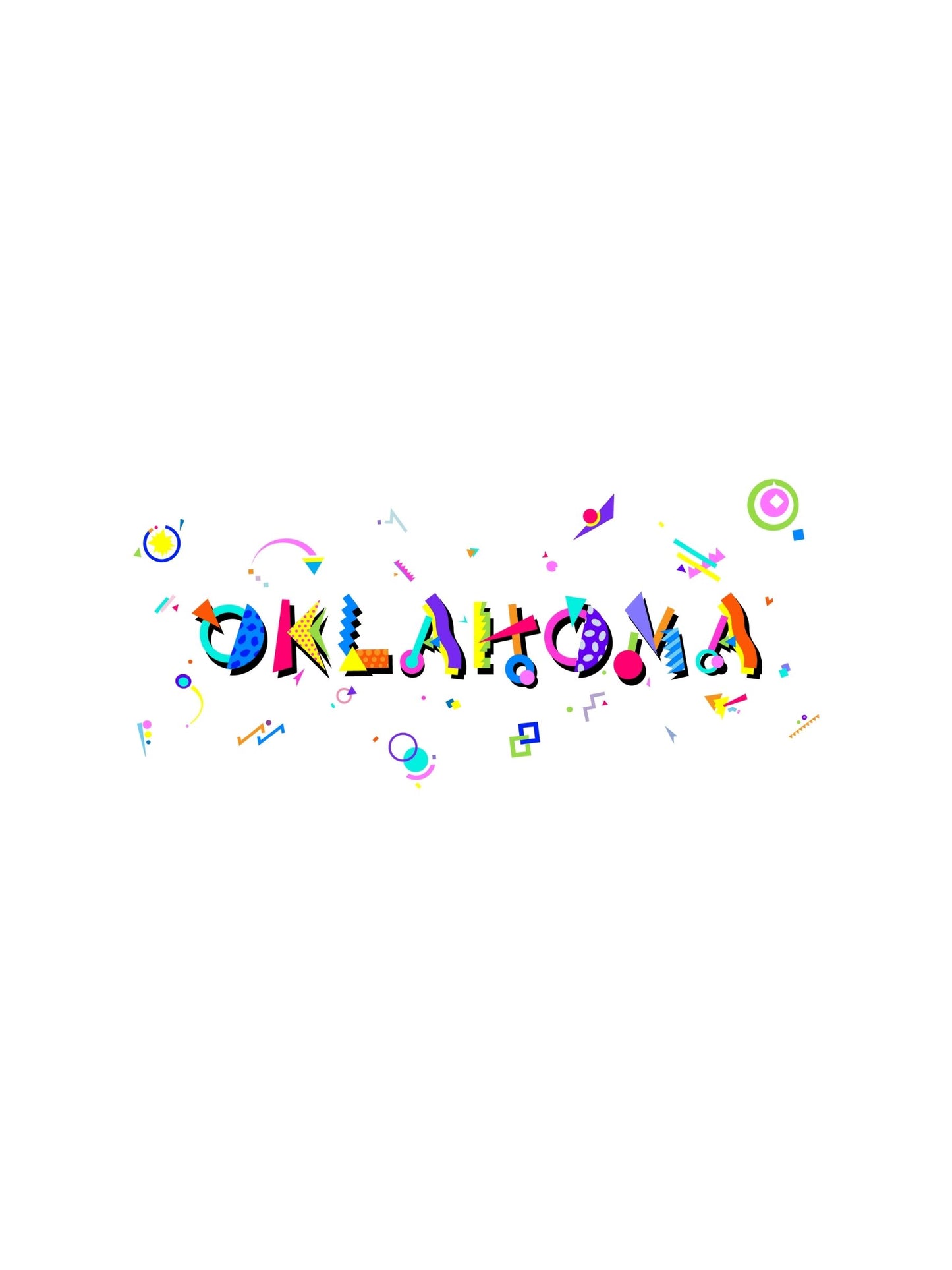 A colorful graphic souvenir t-shirt with the word 'OKLAHOMA' written in a stylized Memphis style font, featuring a variety of colors and playful designs.