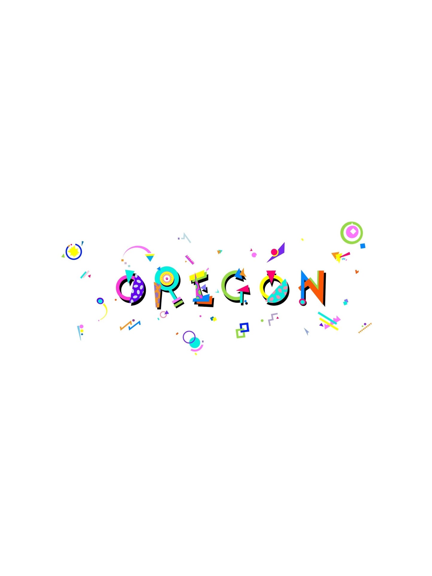 A colorful graphic souvenir t-shirt with the word 'OREGON' written in stylized Memphis style fonts, featuring various playful icons and shapes.