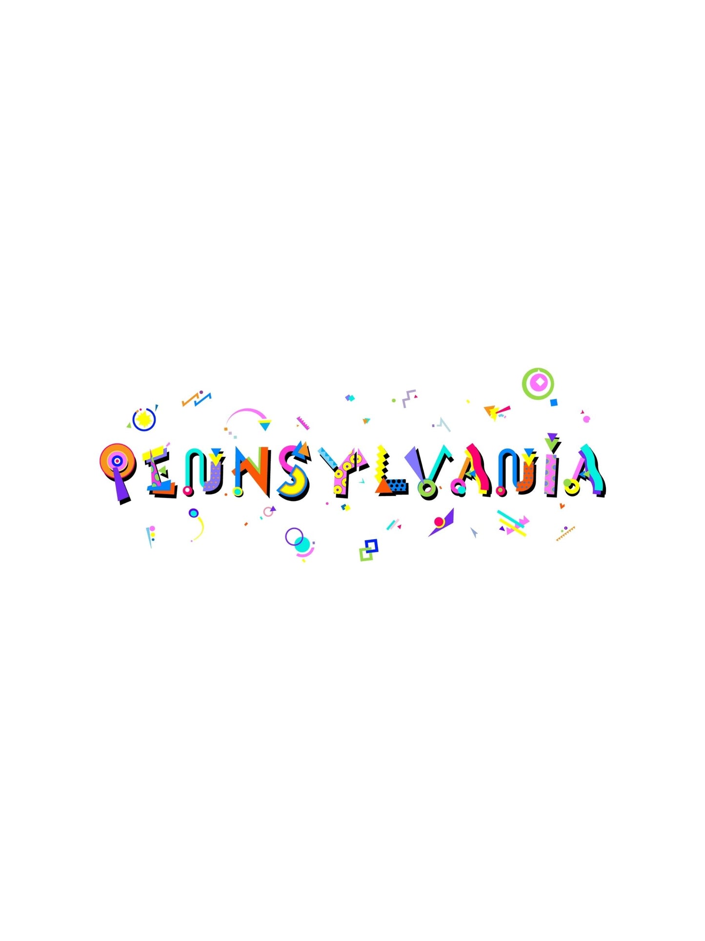 A colorful graphic souvenir t-shirt with the word 'Pennsylvania' written in stylized Memphis style fonts, featuring a vibrant and modern design.