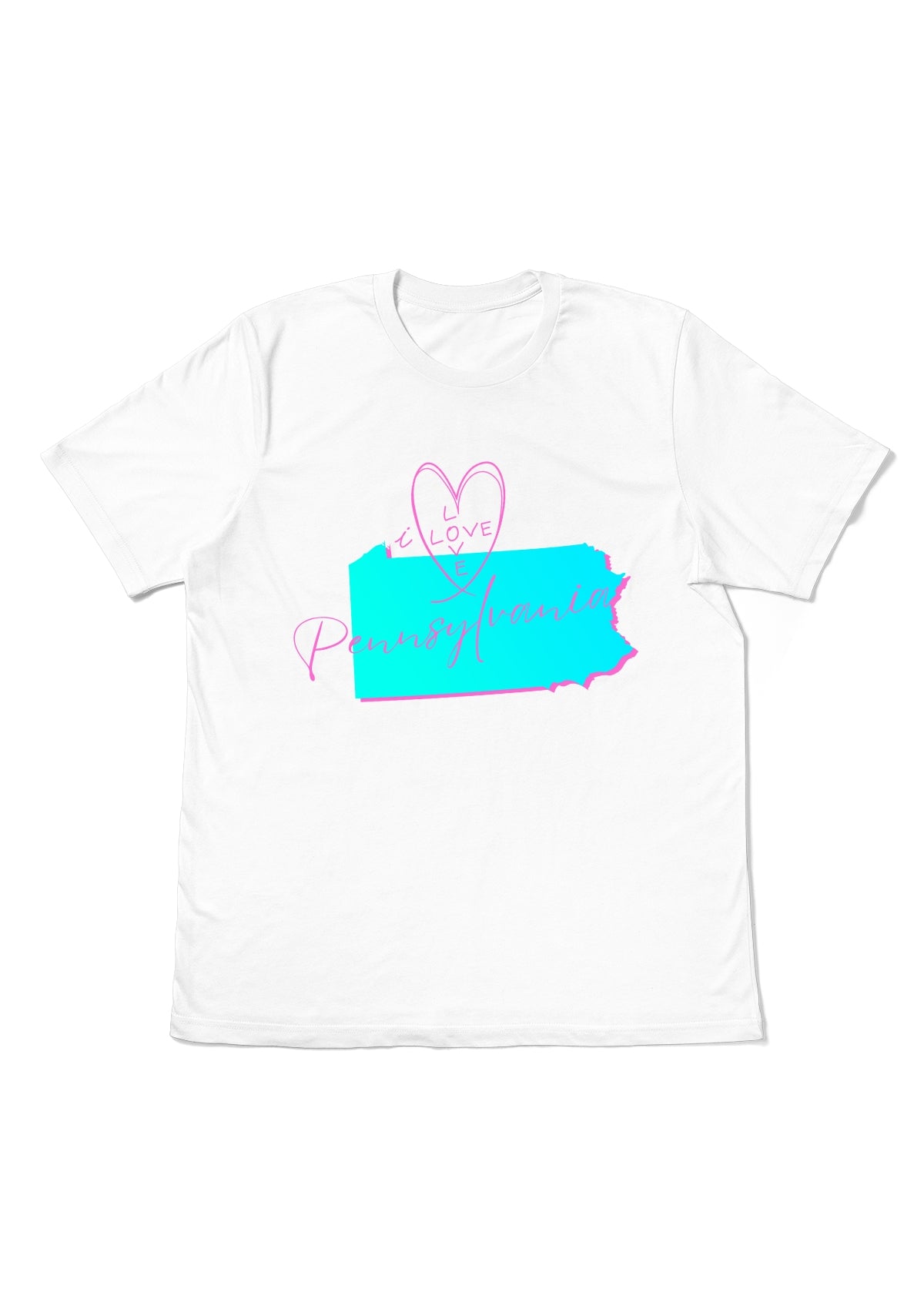 white I Love Pennsylvania t-shirt with a graphic image of the state with pink text