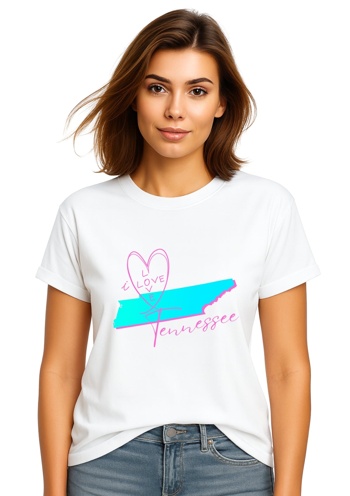 women wearing a white t-shirt with I Love Tennessee in aqua blue and pink text
