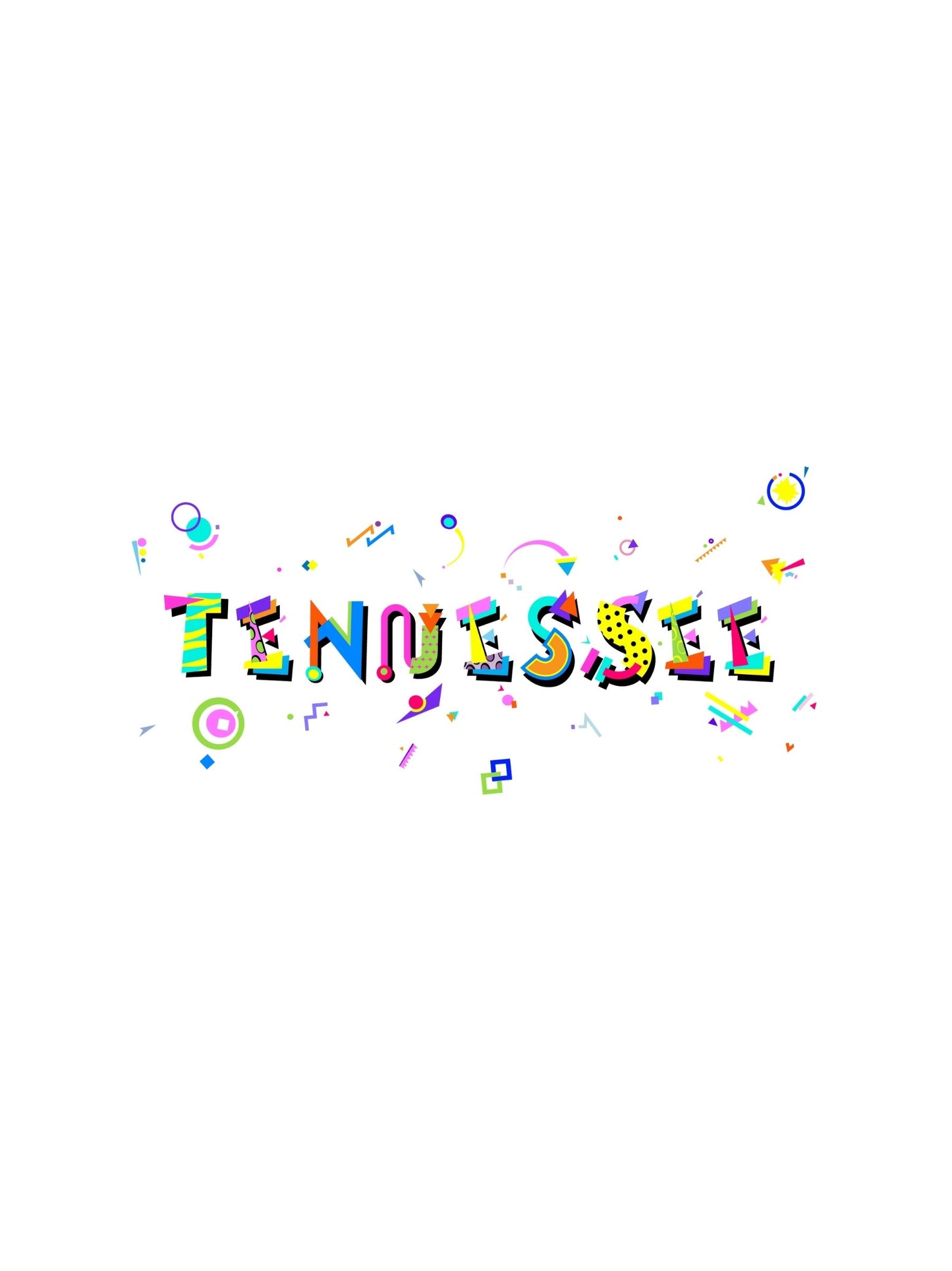 A colorful Tennessee state pride t-shirt with memphis style fonts and decorative elements.