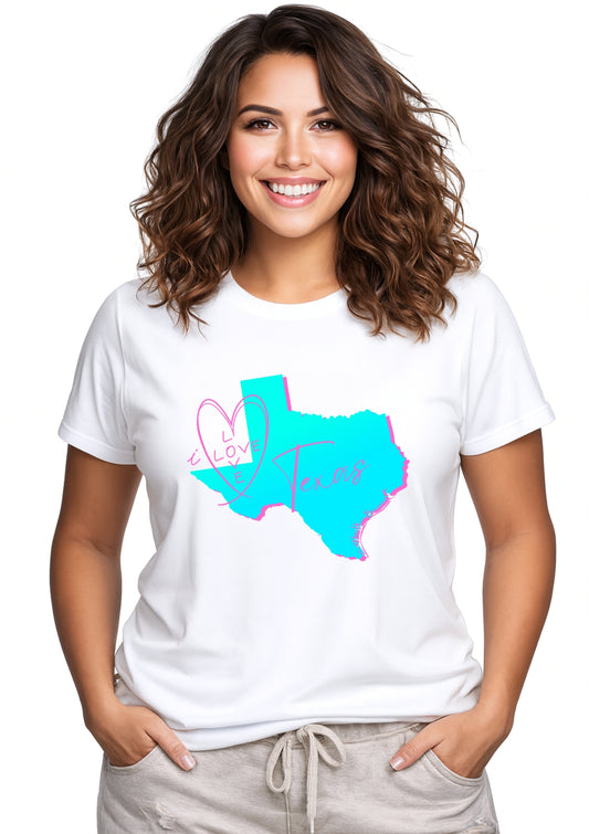 Woman wearing a white t-shirt with a colorful Texas map design on a white background
