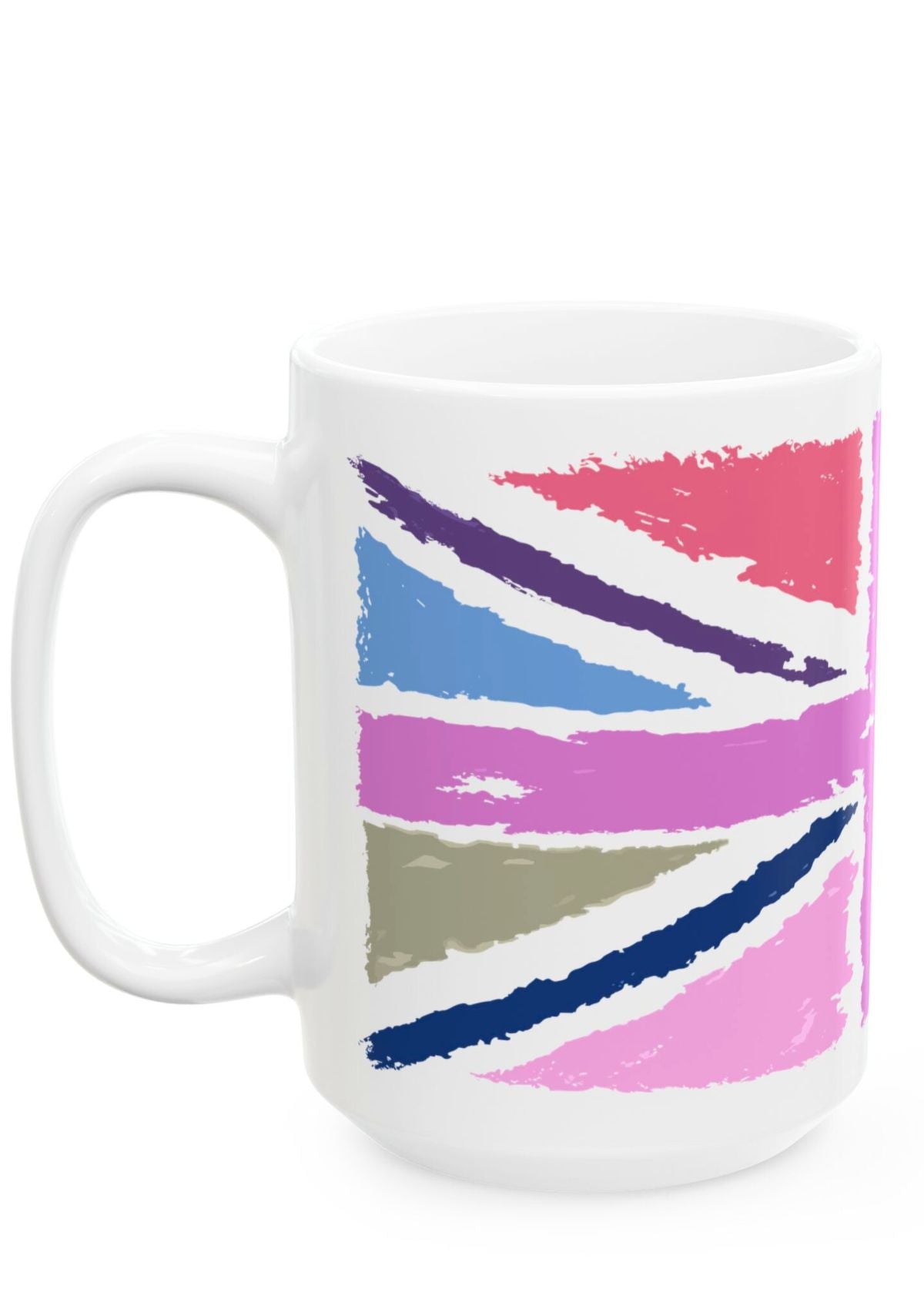 Mug with a colorful Union Jack design on a white background - left view