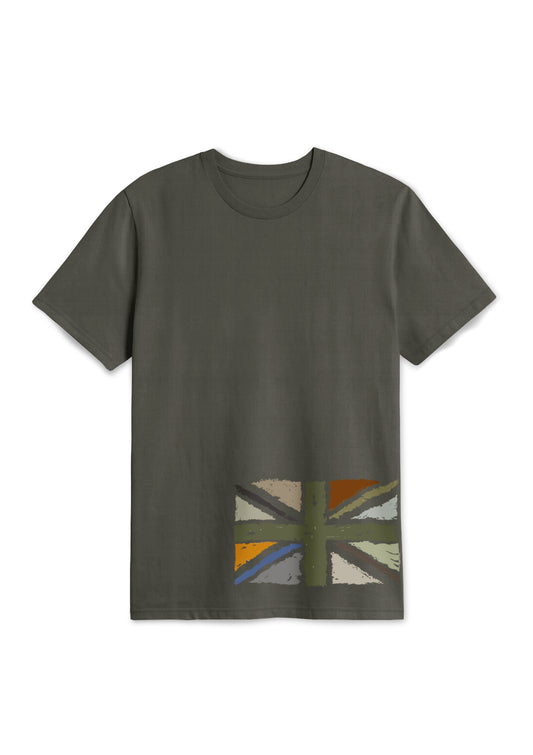 Union Jack camo flag on botton left side of a charcoal t-shirt
