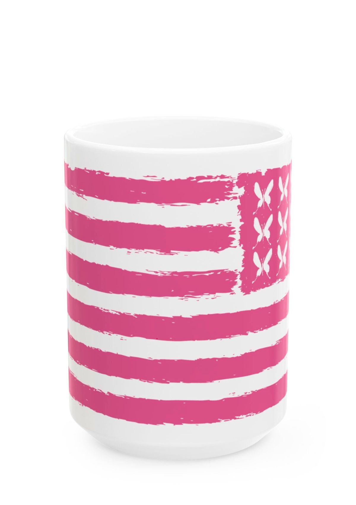 USA Flag in Pink with butterflies for stars on a 15 oz white ceramic mug - front view